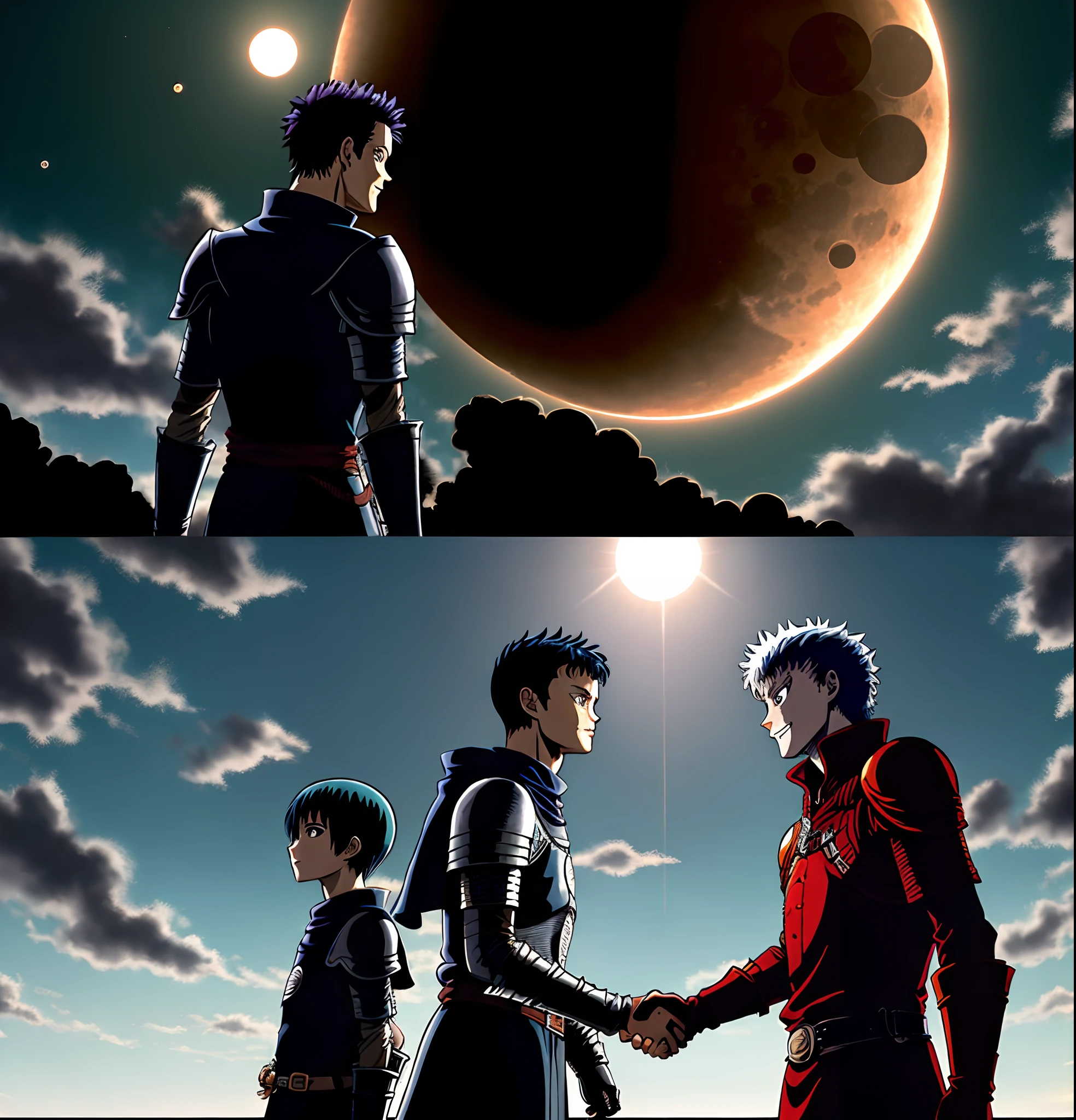 guts and femto from berserk shaking hands during the eclipse while casca cries in the backround