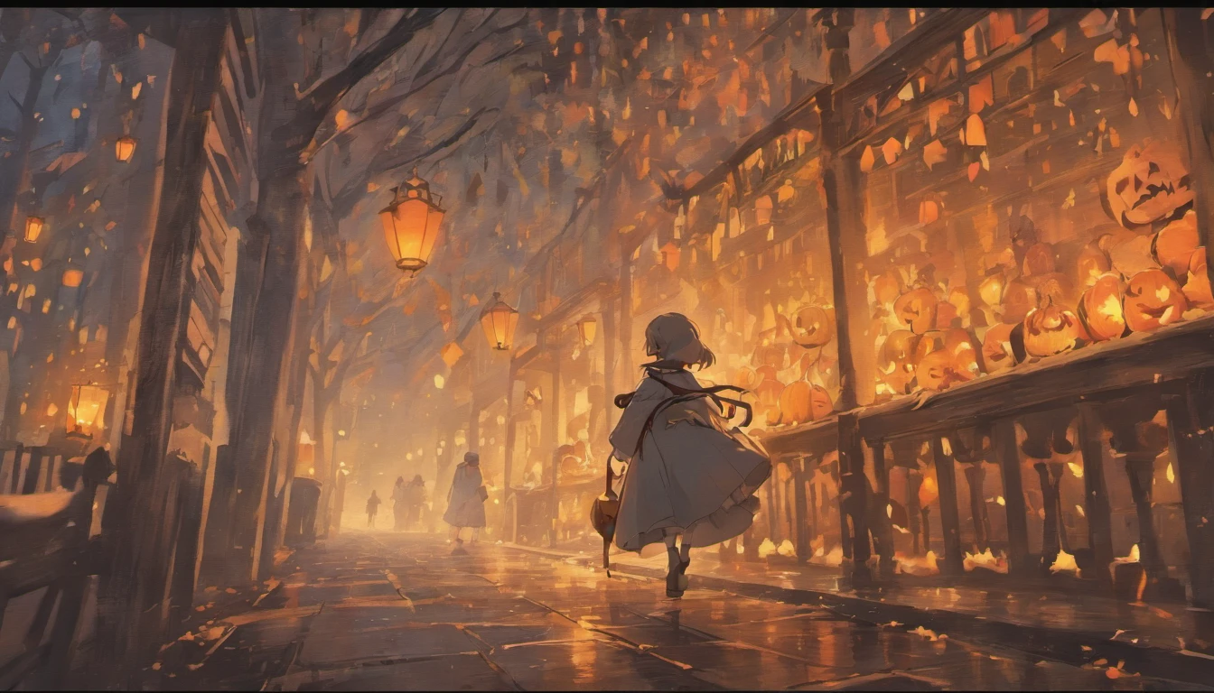 Painting Design Vintage Halloween Art, Espeluznante, Neutral rustic style, on an autumnal grey morning, con personajes fantasmas asustando por la calle.