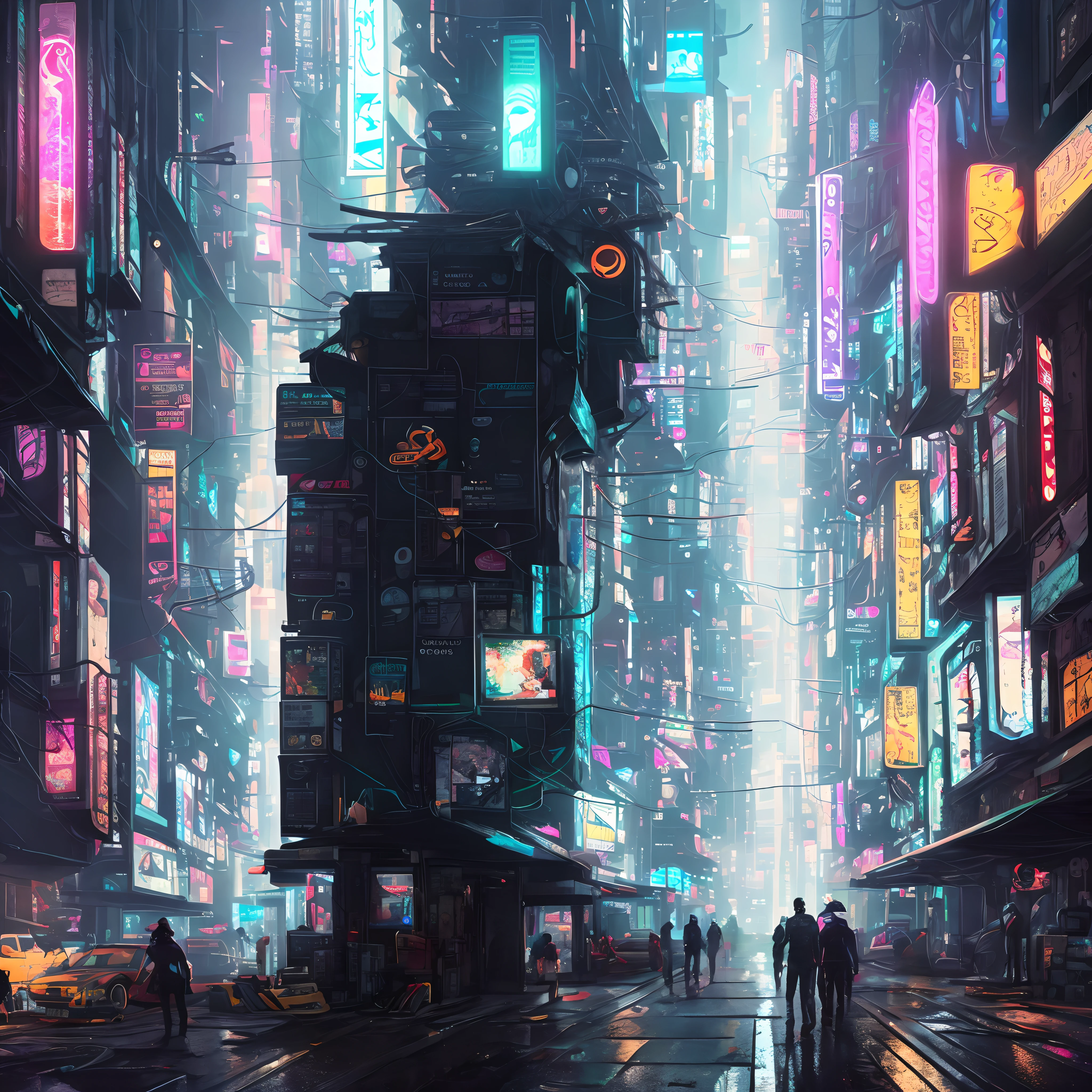 obra-prima, alto detalhe, Trend in the arts station, realista, rosto detalhado, no geral, uma foto de um detetive particular cyberpunk, velho, cabelo escuro, sujo, drone, cidade de Blade Runner, luzes neo, escuro, chuva, noite, CRU, Canon R6, plano geral, clear, fundo desfocado, thirds rule, dramatic lights, sombras escuras, headset