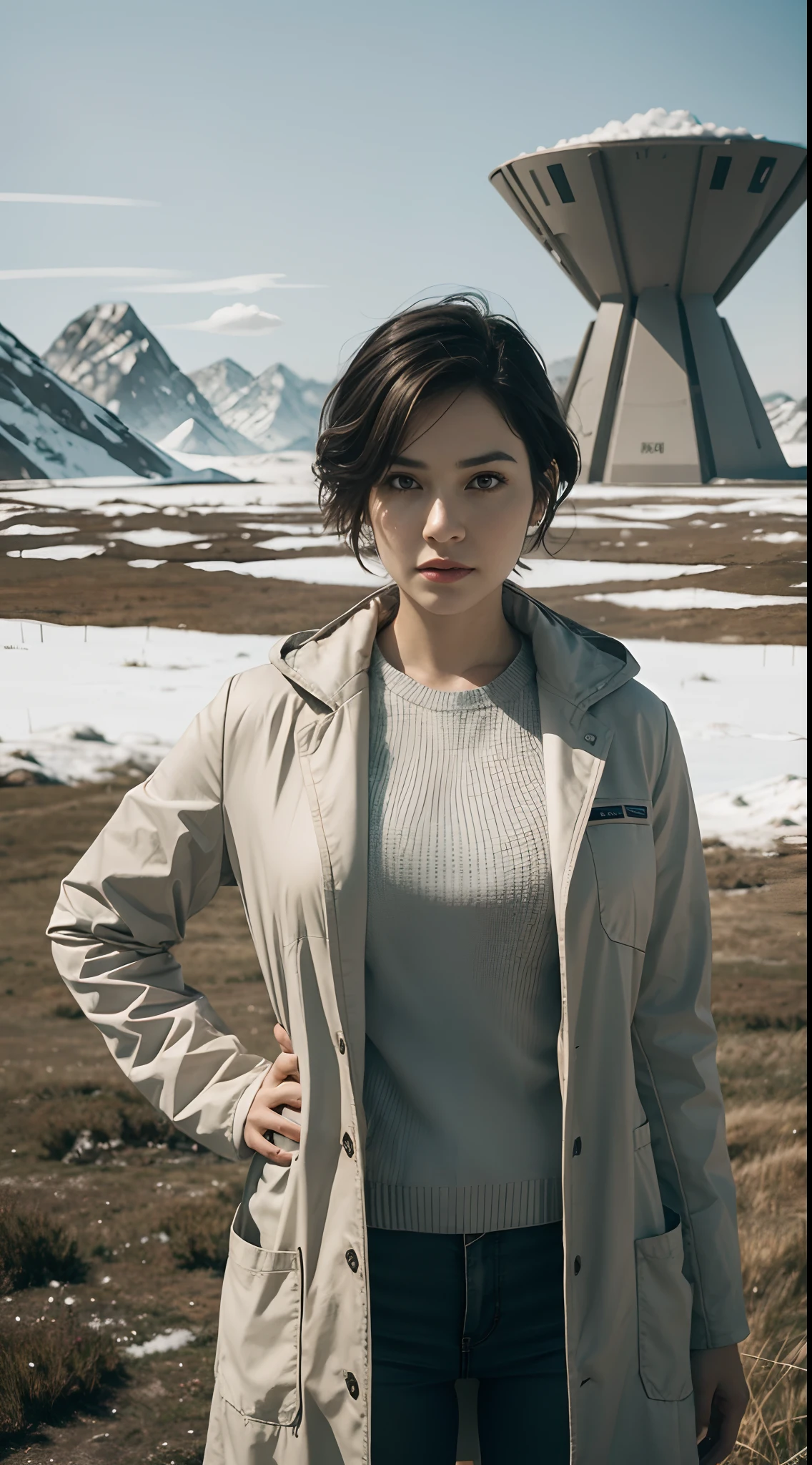 Ring World,Science Fiction,Sci-Fi Movies,Artillery, medium-Range Missiles,Based on the movie Foundation ,Woman,Adult,Protagonist,28 years old,hopeful face,brown eyes,short hairstyle,black hair with white gray,scientist uniform,white researcher coat,open meadow,rebel,chaotic,future world,world of socialism,snow,chaos