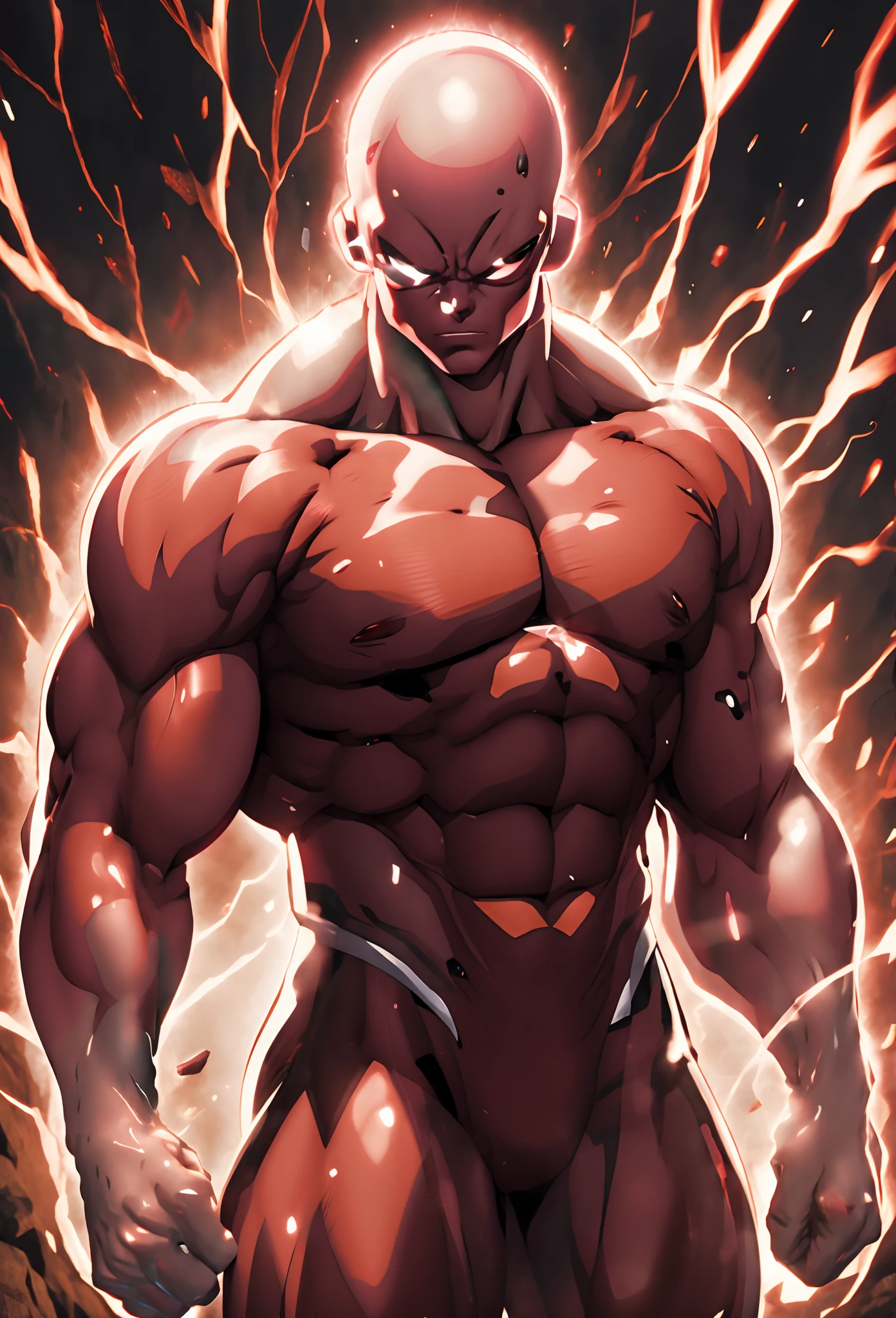 um close up de um homem com uma camisa vermelha e um corpo vermelho, an epic anime of a energy man, Saitama bonito, musculoso!! scientific fiction, Baba, musculoso!!, Saitama, muscular character, simetria!! Retrato de Akuma, estilo Baba, digital advanced anime art ", Baki o Grappler, muscular male hero