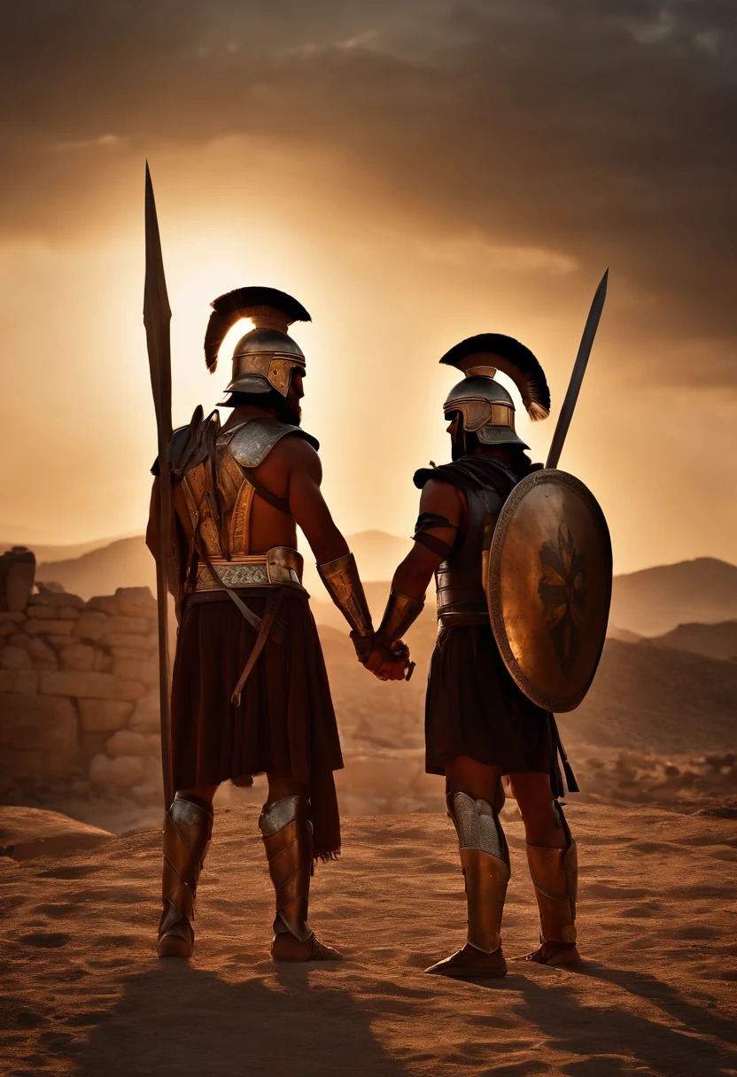 (best quality,4k,8k,highres,masterpiece:1.2), ultra-detailed, (realistic,photorealistic,photo-realistic:1.37), Greek warriors, tan skin, hard bodies, embracing each other, moment of death, looking into each other's eyes, wanting to kiss, intense emotions, ancient battle, strong and muscular physique, Greek armor and helmets, bronze weapons, dusty battlefield, fading sunlight, ancient ruins, solemn atmosphere, sorrowful expressions, gripping each other tightly, strong bonds of brotherhood, honor and sacrifice, turbulent emotions, epic and tragic, passionate connection, powerful narrative, historic and mythological context