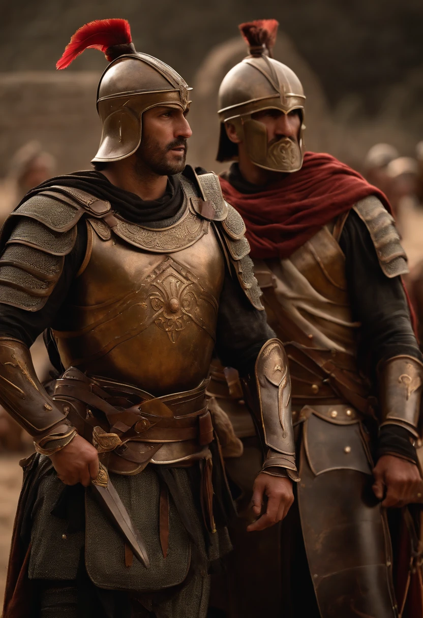 (best quality,4k,8k,highres,masterpiece:1.2), ultra-detailed, (realistic,photorealistic,photo-realistic:1.37), Greek warriors, tan skin, hard bodies, embracing each other, moment of death, looking into each other's eyes, wanting to kiss, intense emotions, ancient battle, strong and muscular physique, Greek armor and helmets, bronze weapons, dusty battlefield, fading sunlight, ancient ruins, solemn atmosphere, sorrowful expressions, gripping each other tightly, strong bonds of brotherhood, honor and sacrifice, turbulent emotions, epic and tragic, passionate connection, powerful narrative, historic and mythological context