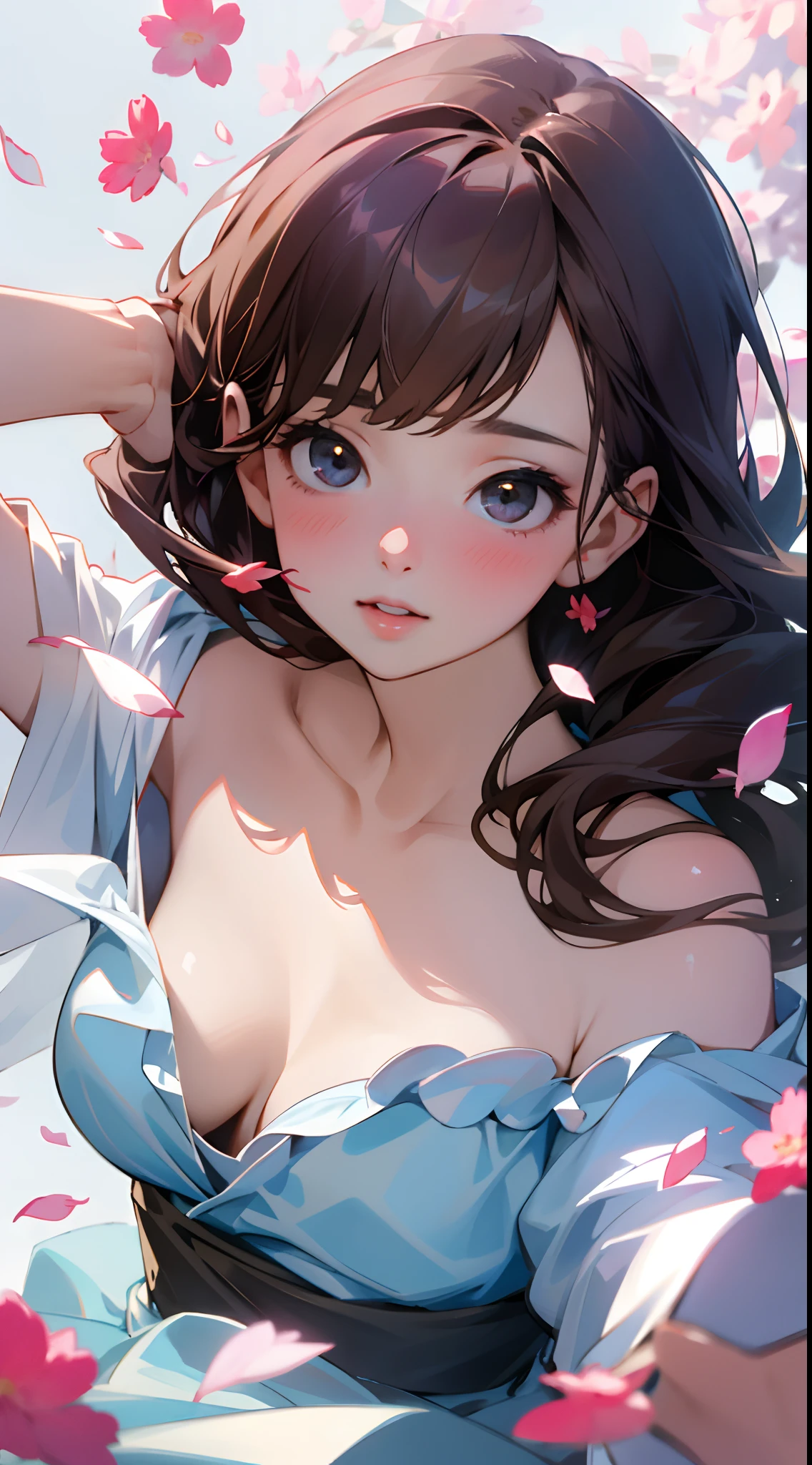 (best qualtiy,tmasterpiece,Hyper-realistic),1 beautiful and delicate portrait of a girl,Playful and cute,Background Petals drifting,(cleavage:0.7)