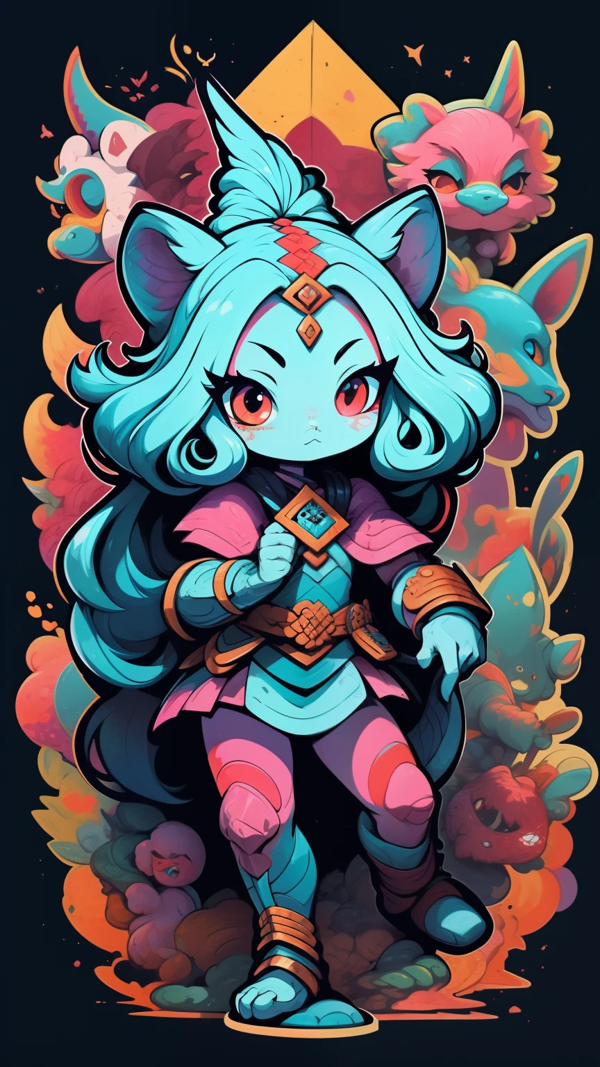 tmasterpiece,Vivid colors, Dragon, Goddess of War, Stickers, fantasy, Dynamic pose, Strong gaze, Digital art, Powerful, Fierce, Geometric background, Magical atmosphere, dragon scale, Armor, sword, mistic, Epic battles, raging fire, Flowing cape, mythological creatures, Heroes, Brave, Strong, Fantasy adventure