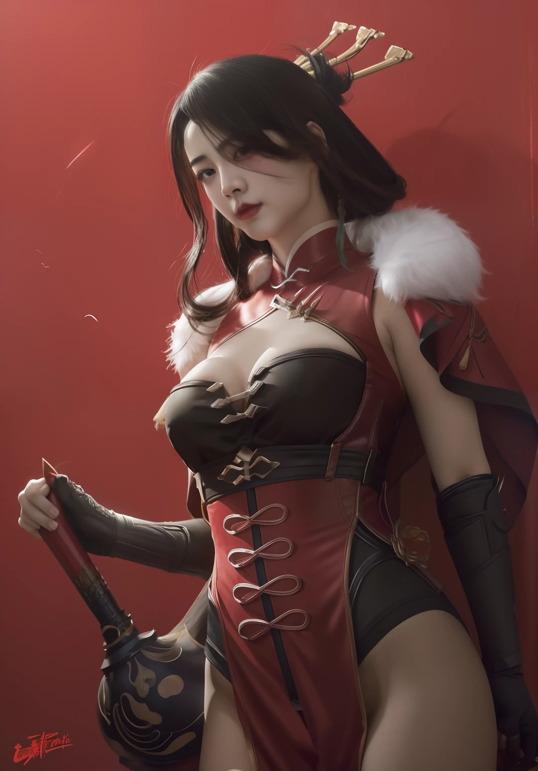 a woman dressed in a red corset and black gloves, by Yang J, extremely detailed artgerm, fanart best artstation, g liulian art style, chengwei pan on artstation, inspired by Fenghua Zhong, artgerm and ruan jia, ruan jia and artgerm, beautiful character painting, Beidou_Genshin