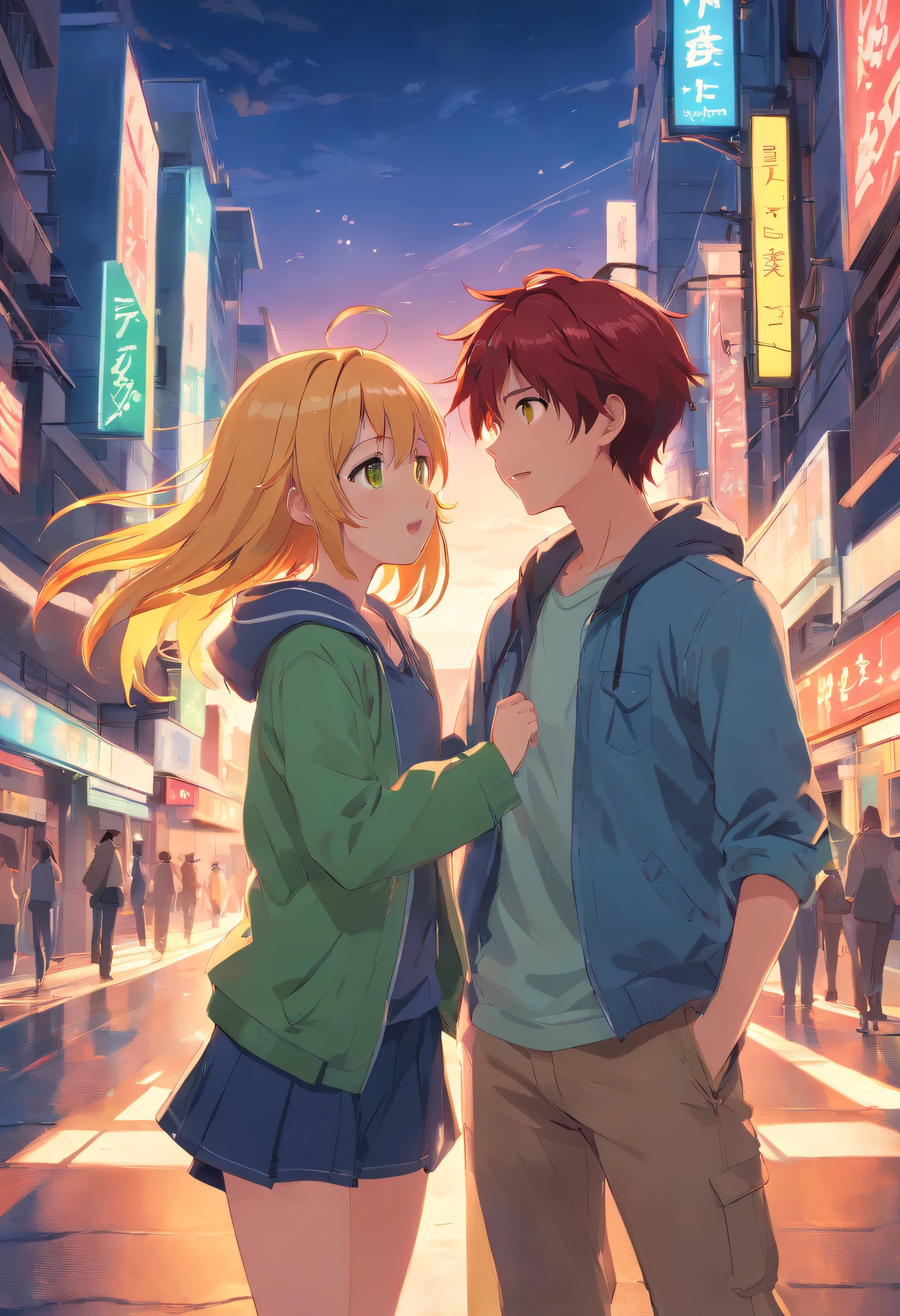 couple boy and girl , Cool boy with red hair、I'm surprised when I open my mouth , cute girl with long yellow hair green eyes