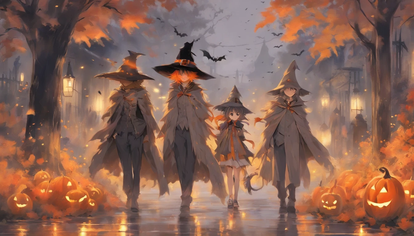 Painting Design Vintage Halloween Art, Espeluznante, Neutral rustic style, on an autumnal grey morning, con personajes fantasmas asustando por la calle.