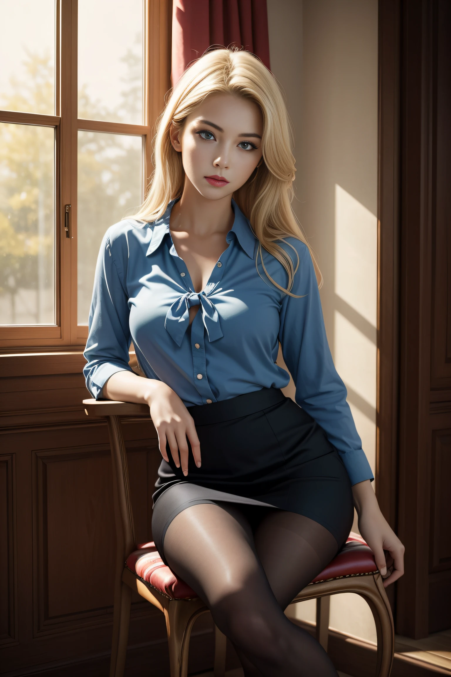 Best quality, Masterpiece, 超高分辨率, (Photorealistic:1.4),1 girl,Solo, Mature female, Blue eyes,Blonde hair, Long hair, blouse,Skirt,Black pantyhose,Sitting,chair,Indoors,full bodyesbian