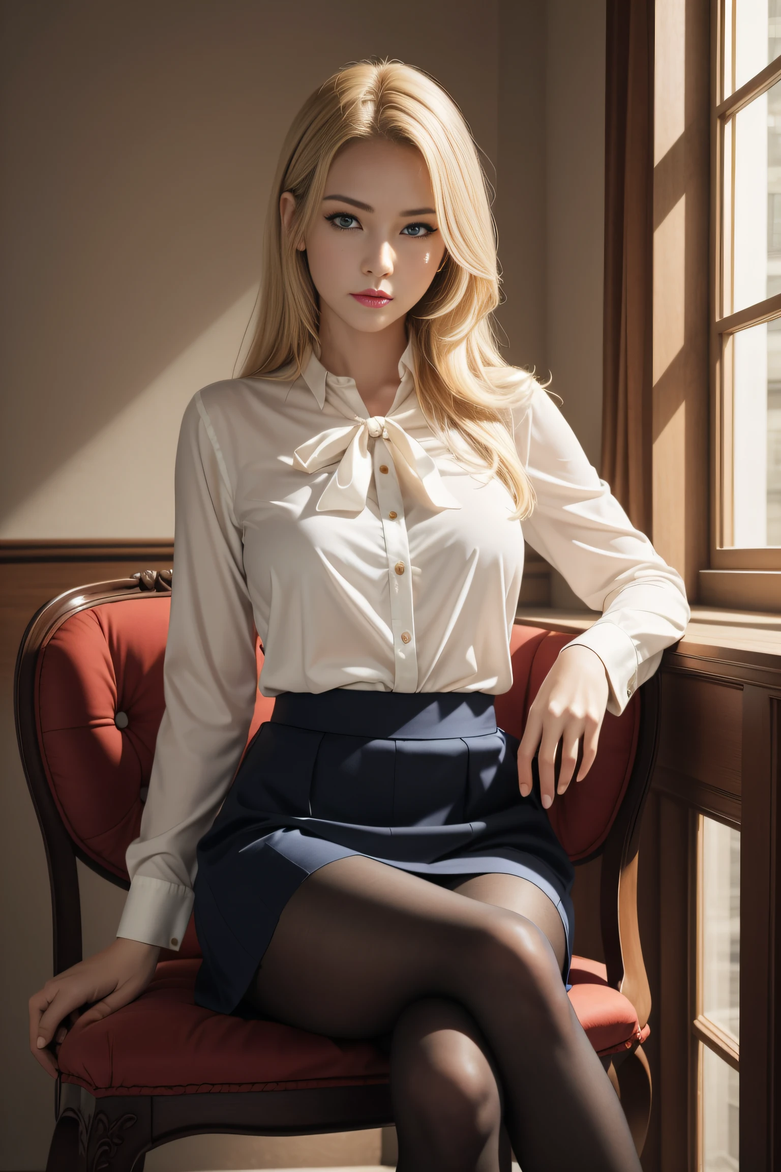 Best quality, Masterpiece, 超高分辨率, (Photorealistic:1.4),1 girl,Solo, Mature female, Blue eyes,Blonde hair, Long hair, blouse,Skirt,Black pantyhose,Sitting,chair,Indoors,full bodyesbian