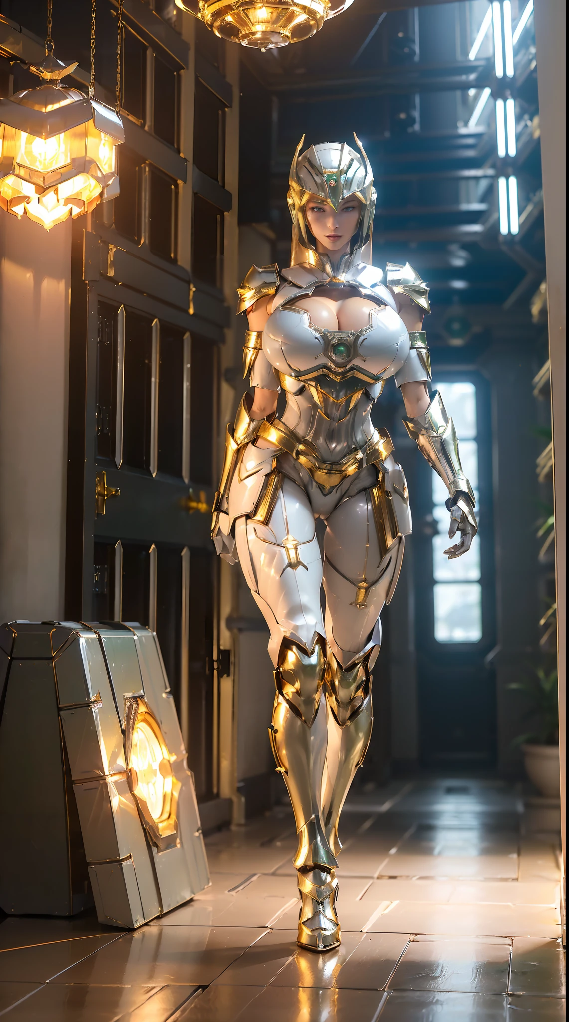 (1GIRL), (ssmile, makeup, beautifull eyes, red_libs, blond_hair), (phoenix horn helmet:1.2), (BIG BUTTOCKS, HUGE BOOBS:1.4), (PHOENIX MECHA GUARD ARM, GLOVES:1.3), (white,green,gold, MECHA CYBER SHINY ARMORED SUIT, ROYAL CAPE, CLEAVAGE, MECHA SKINTIGHT HOTPANTS, GUARD ARMOR LEGS, HIGH HEELS:1.4), (MUSCULAR BODY, SEXY LONG LEGS, FULL BODY:1.5), (MUSCLE ABS:1.2), (LOOKING AT VIEWER:1.3), (WALKING DOWN HALLWAY OF FUTURISTIC SPACE STATION, BRIGHT LIGHTING IN THE ROOM:1.3), PHYSICALLY-BASED RENDERING, ULTRA HIGHT DEFINITION, 16K, 1080P.