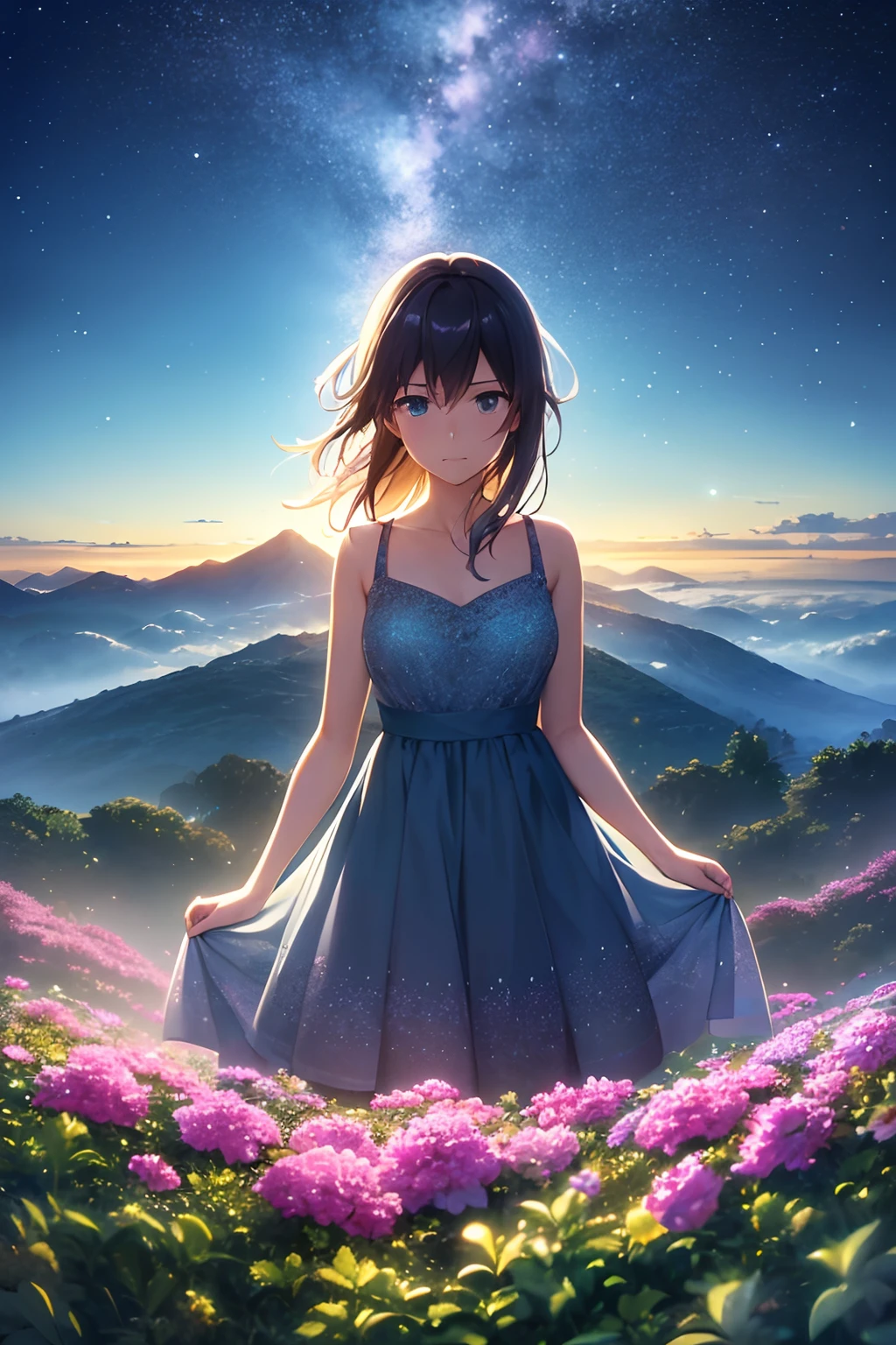 A beautiful princess in a dress watering colorful flowers on a planet. background, mountainous landscape in pastel tones. The lighting is soft and dreamlike. The 3D rendering quality is extremely detailed and realistic at 8K resolution.", eye, Close up, Beautiful night sky, meteor shower, Beyond the clouds, Surrounded by water, Pondering, Wide angel, Breathtaking clouds, wide angles, By Makoto Shinkai, tomas kinkade, James Gilead, Achieve the landscape through holographic sleep, hdr, voluminetric lighting, Ray tracing, intricate complexity, High details, Very detailed, Deviant-art, 4k vertical wallpaper,, Colorful, Airy, anime illustration, anime nature wallpaper