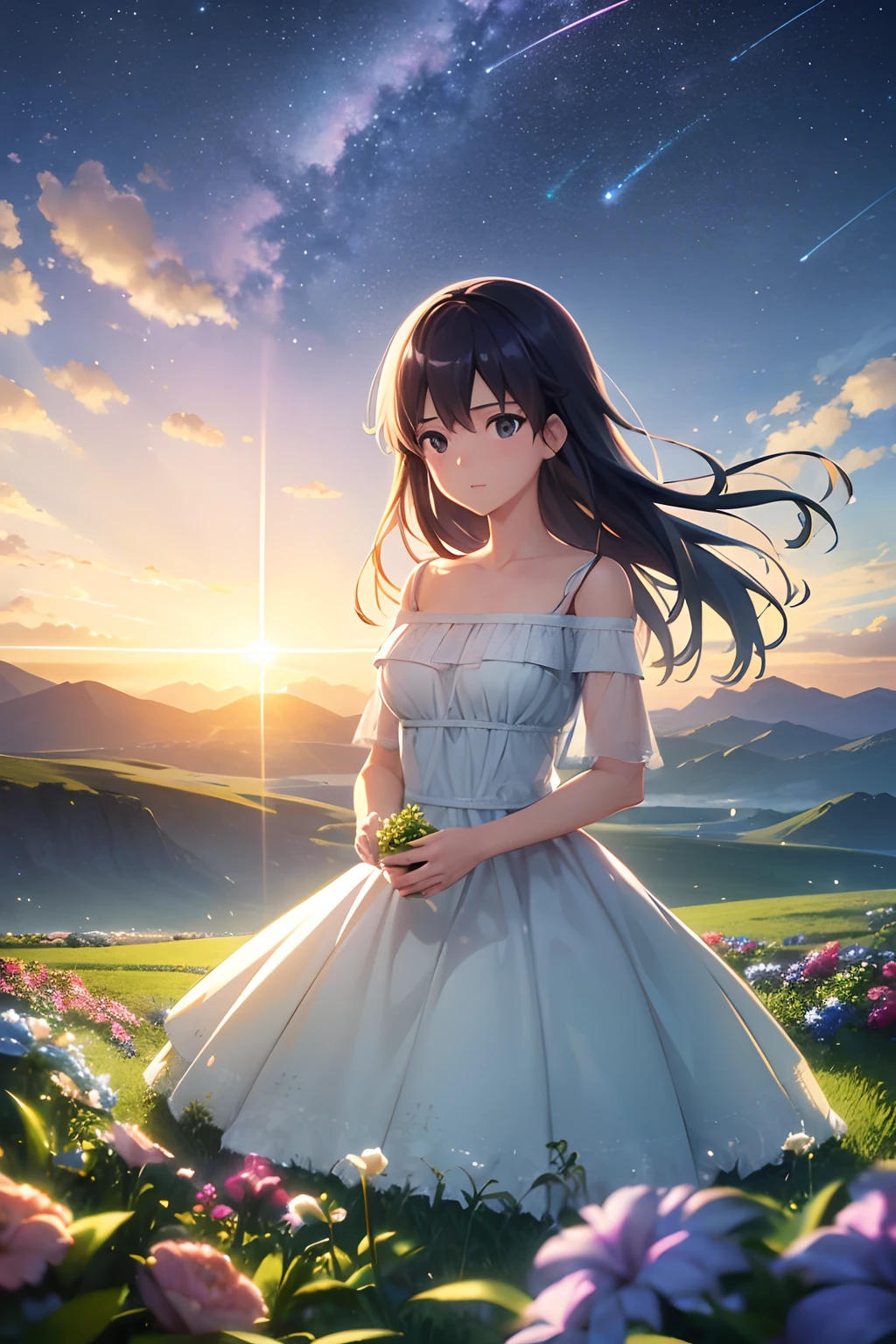 A beautiful princess in a dress watering colorful flowers on a planet. background, mountainous landscape in pastel tones. The lighting is soft and dreamlike. The 3D rendering quality is extremely detailed and realistic at 8K resolution.", eye, Close up, Beautiful night sky, meteor shower, Beyond the clouds, Surrounded by water, Pondering, Wide angel, Breathtaking clouds, wide angles, By Makoto Shinkai, tomas kinkade, James Gilead, Achieve the landscape through holographic sleep, hdr, voluminetric lighting, Ray tracing, intricate complexity, High details, Very detailed, Deviant-art, 4k vertical wallpaper,, Colorful, Airy, anime illustration, anime nature wallpaper