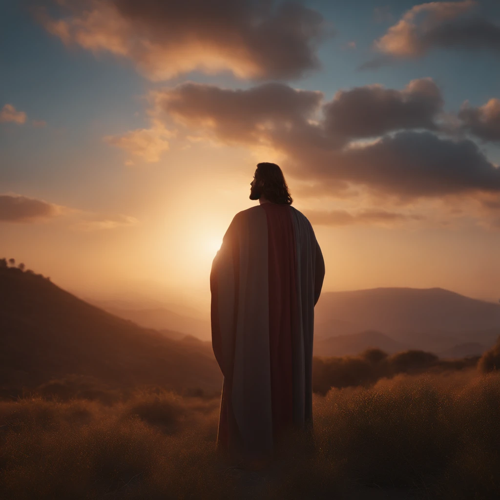 de um nascer do sol deslumbrante, with vibrant colors
Filling the sky with an image of Jesus of Nazareth , realista , altamente detalhado , pintura digital profissional , artstation , arte conceitual , motor irreal 5 , fotorrealismo , qualidade hd , 8K分辨率 , cinema 4d , 3d , lindo , cinemactic