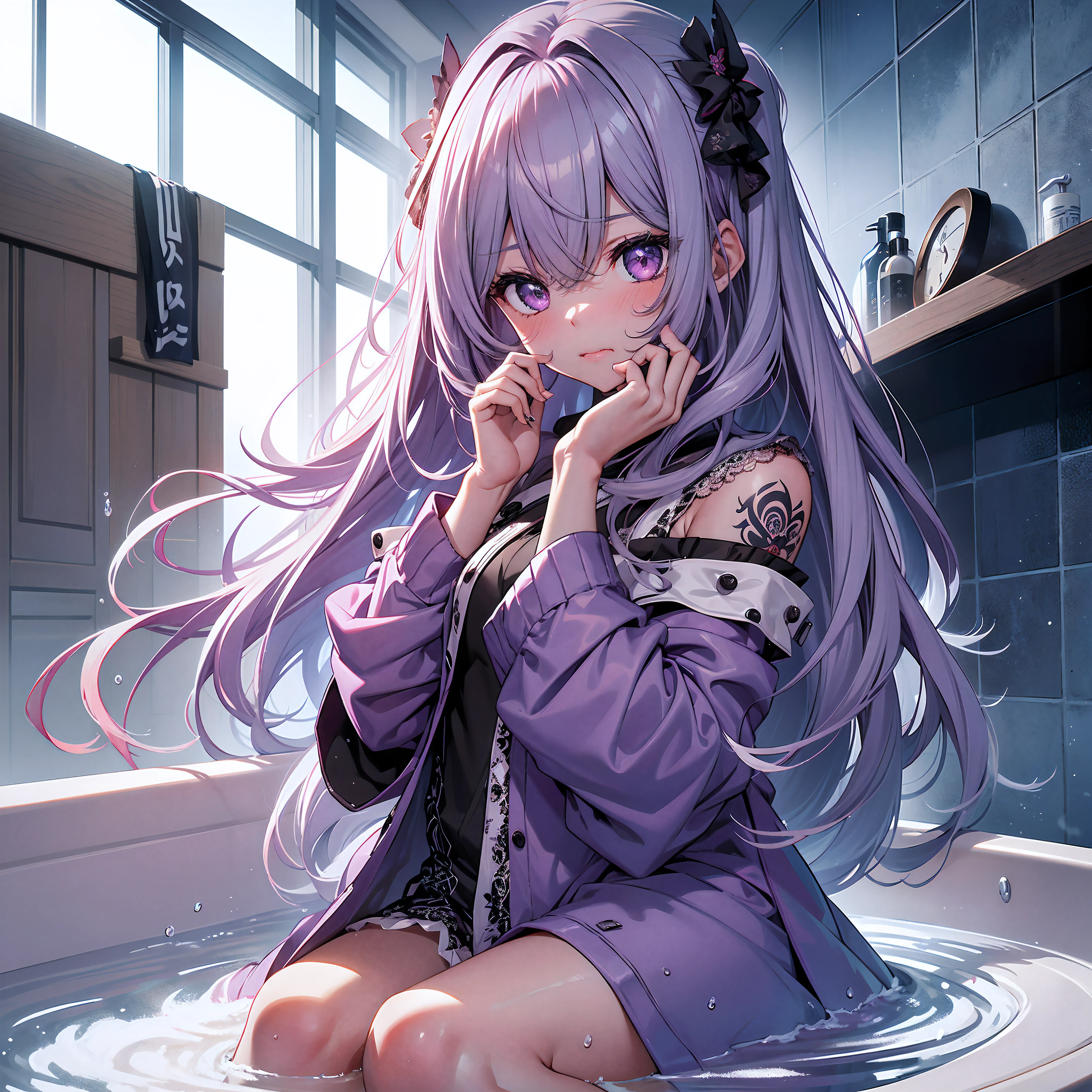 超高分辨率，high detal，浴室，tinas，Half of your body is soaked in the bathtub, Wrap your hands around your legs，Bunched over，Exquisite facial features，s the perfect face，Silver hair，a beauty girl，a purple eye，Blushlush，{Pout}，{vred} ，asymmetricalbangs，Long hair and waist，curlies，lace-trim，Bare shoulders，Get wet，{{Unbuttoned clothes}}，Tattooed with