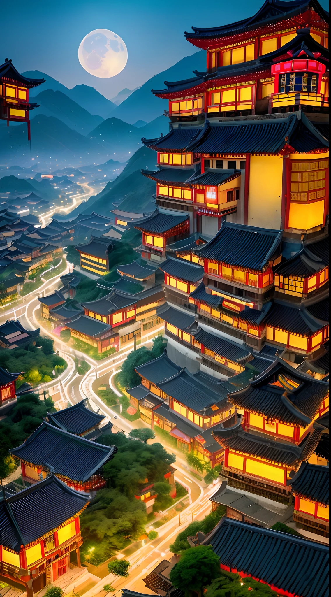 Arafed view of a village,a lot of lights on the buildings,dreamy Chinese towns,Chinese village,Amazing wallpapers,surreal photo of a small town,old asian village,Raymond Han,Moon Night, Cyberpunk Chinese Ancient City Tower, Well-lit building,Beautiful and aesthetic, photography of, cinematic ligh, 8K, high detal