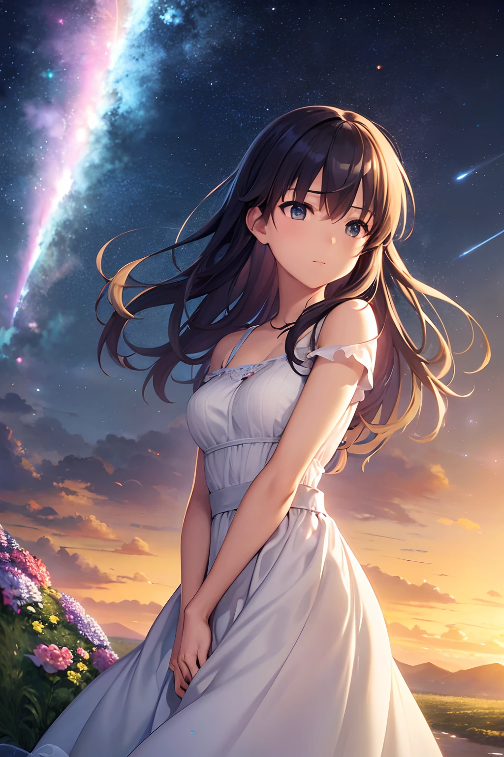 A beautiful princess in a dress watering colorful flowers on a planet. background, mountainous landscape in pastel tones. The lighting is soft and dreamlike. The 3D rendering quality is extremely detailed and realistic at 8K resolution.", eye, Close up, Beautiful night sky, meteor shower, Beyond the clouds, Surrounded by water, Pondering, Wide angel, Breathtaking clouds, wide angles, By Makoto Shinkai, tomas kinkade, James Gilead, Achieve the landscape through holographic sleep, hdr, voluminetric lighting, Ray tracing, intricate complexity, High details, Very detailed, Deviant-art, 4k vertical wallpaper,, Colorful, Airy, anime illustration, anime nature wallpaper