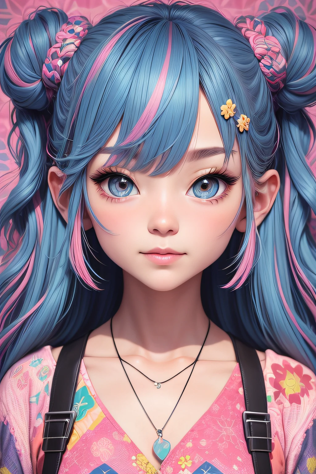 A girl with blue hair and pink hair with a flower in her hair - SeaArt AI