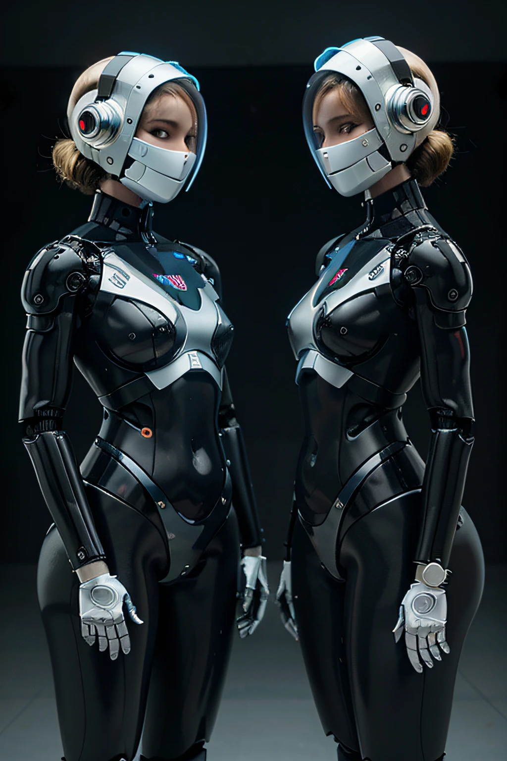 3 steel feminized humanoid robots, beautiful face, anatomically correct, cyborg, cyborg limbs, long legs, full silver metal, unreal engine, ray tracing, 8k, UHD, surreal, Explained in great detail in the style of Omni Magazine, digital art, dramatic lighting, octane rendering
