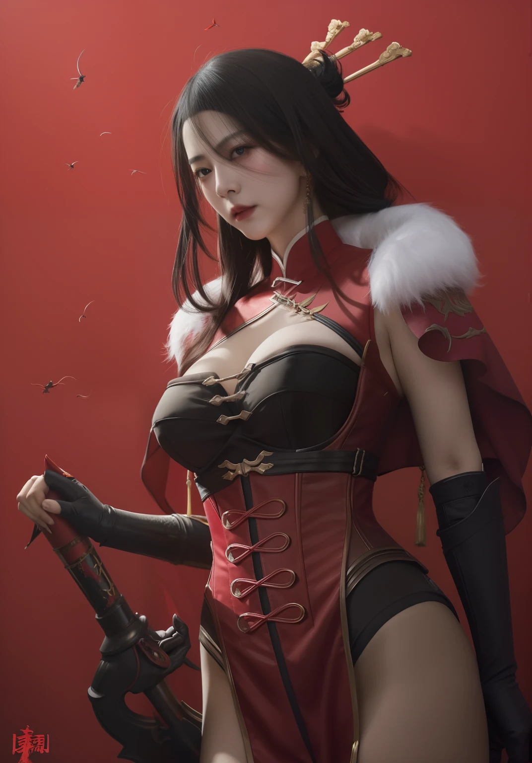 a woman dressed in a red corset and black gloves, by Yang J, extremely detailed artgerm, fanart best artstation, g liulian art style, chengwei pan on artstation, inspired by Fenghua Zhong, artgerm and ruan jia, ruan jia and artgerm, beautiful character painting, Beidou_Genshin