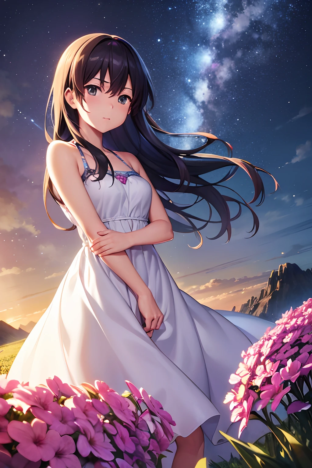 A beautiful princess in a dress watering colorful flowers on a planet. background, mountainous landscape in pastel tones. The lighting is soft and dreamlike. The 3D rendering quality is extremely detailed and realistic at 8K resolution.", eye, Close up, Beautiful night sky, meteor shower, Beyond the clouds, Surrounded by water, Pondering, Wide angel, Breathtaking clouds, wide angles, By Makoto Shinkai, tomas kinkade, James Gilead, Achieve the landscape through holographic sleep, hdr, voluminetric lighting, Ray tracing, intricate complexity, High details, Very detailed, Deviant-art, 4k vertical wallpaper,, Colorful, Airy, anime illustration, anime nature wallpaper