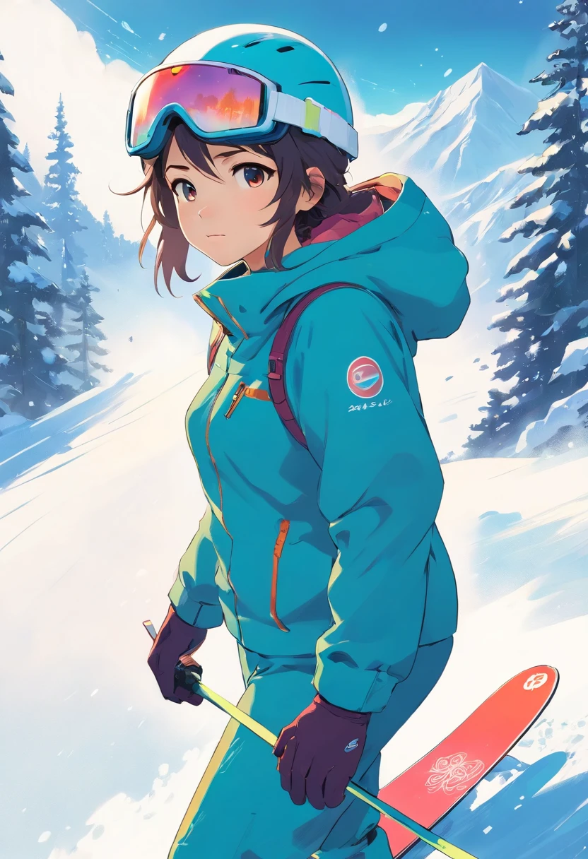 Female long-haired snowboarder in ski suit with helmet and snow goggles, action sports, Steep, eye-catching detailed art style, Old Japanese anime style,stunning art style, stunning digital illustration, Arte conceitual de inverno, Beautiful digital artwork, High quality wallpaper, High Quality Anime Art Style, 1024px, concept art style