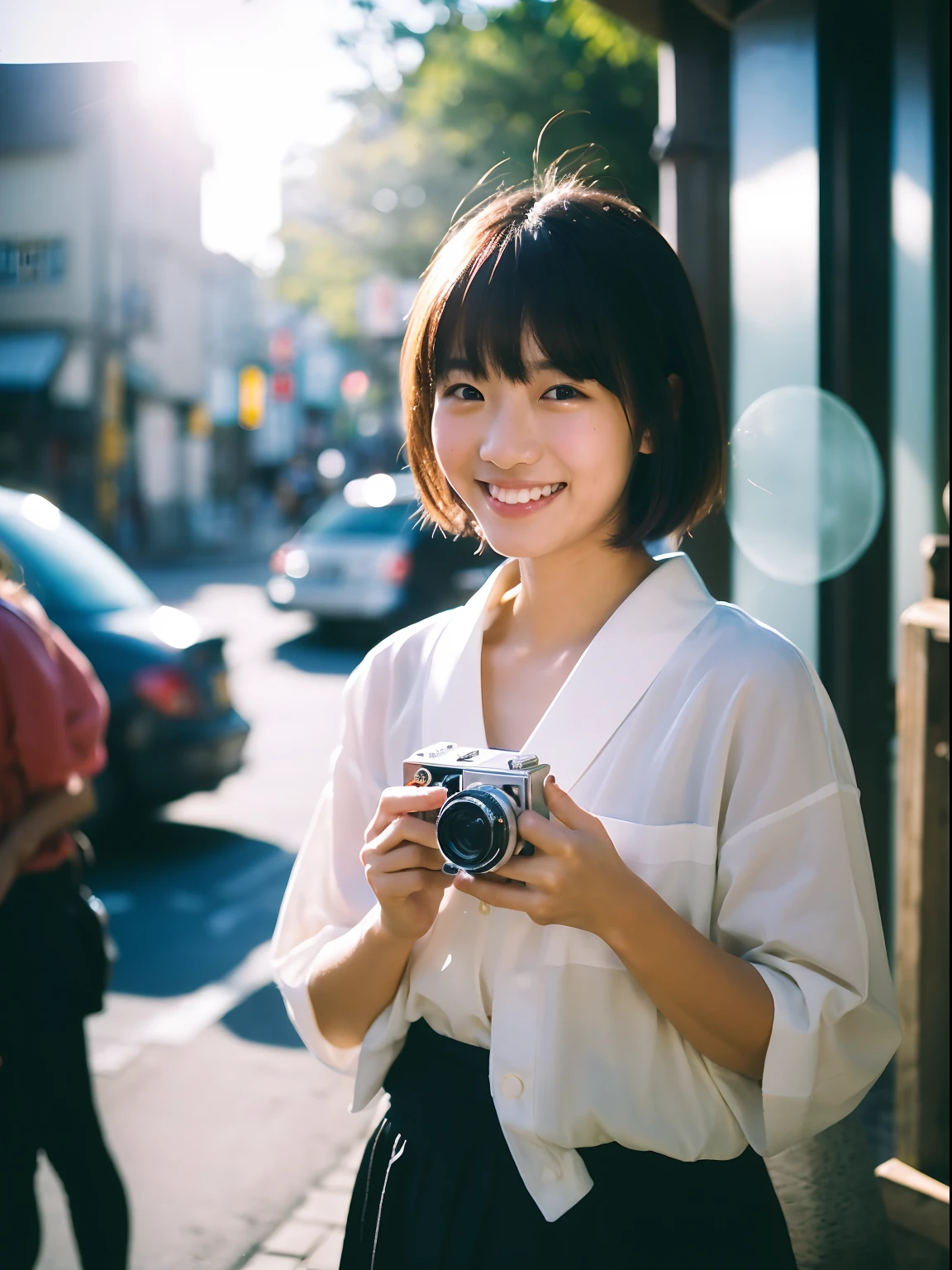 Japan women, a smile、barechested、tiny chest、Young Face, bob cut  hair, morning, Window on the street, Incomplete details, Shot with Leica, analogue, 35 mm:: (Artistic light leakage:1.4), Lens Flare::4 - Style Raw - AR 2:3 --s 150 --c 4