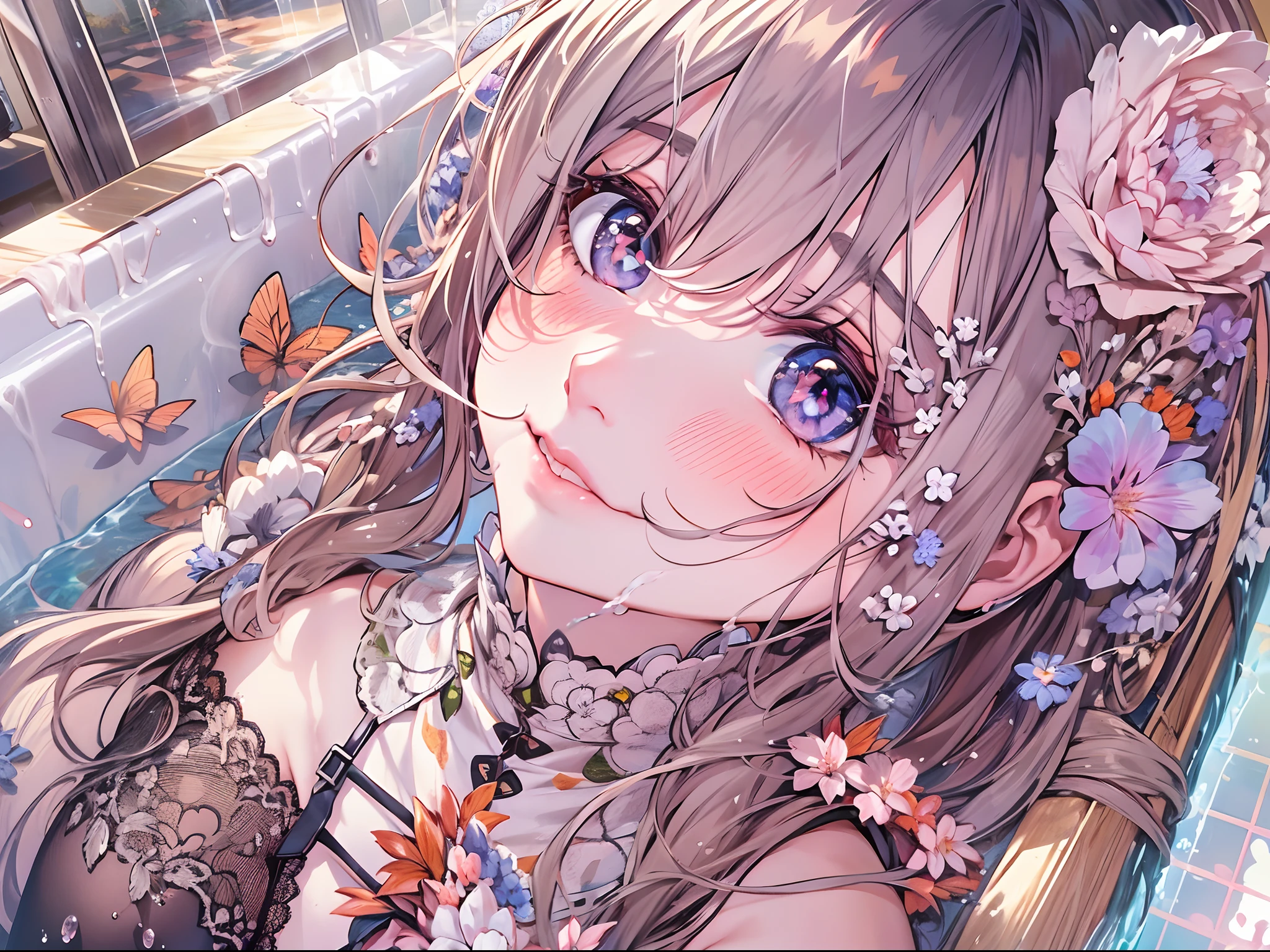 超高分辨率，high detal，浴室，tinas，Half of your body is soaked in the bathtub, Wrap your hands around your legs，Bunched over，Exquisite facial features，s the perfect face，Silver hair，a beauty girl，a purple eye，Blushlush，{Pout}，{vred} ，asymmetricalbangs，Long hair and waist，curlies，lace-trim，Bare shoulders，Get wet，{{Unbuttoned clothes}}，Tattooed with