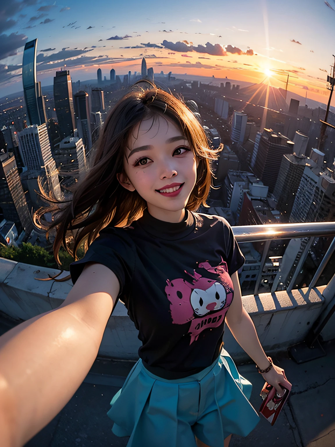 1 Punk girl, fish eye, self-shot, Wind, Messy hair, Sunset, Cityscape, (Aesthetics and atmosphere:1.2),Smiling