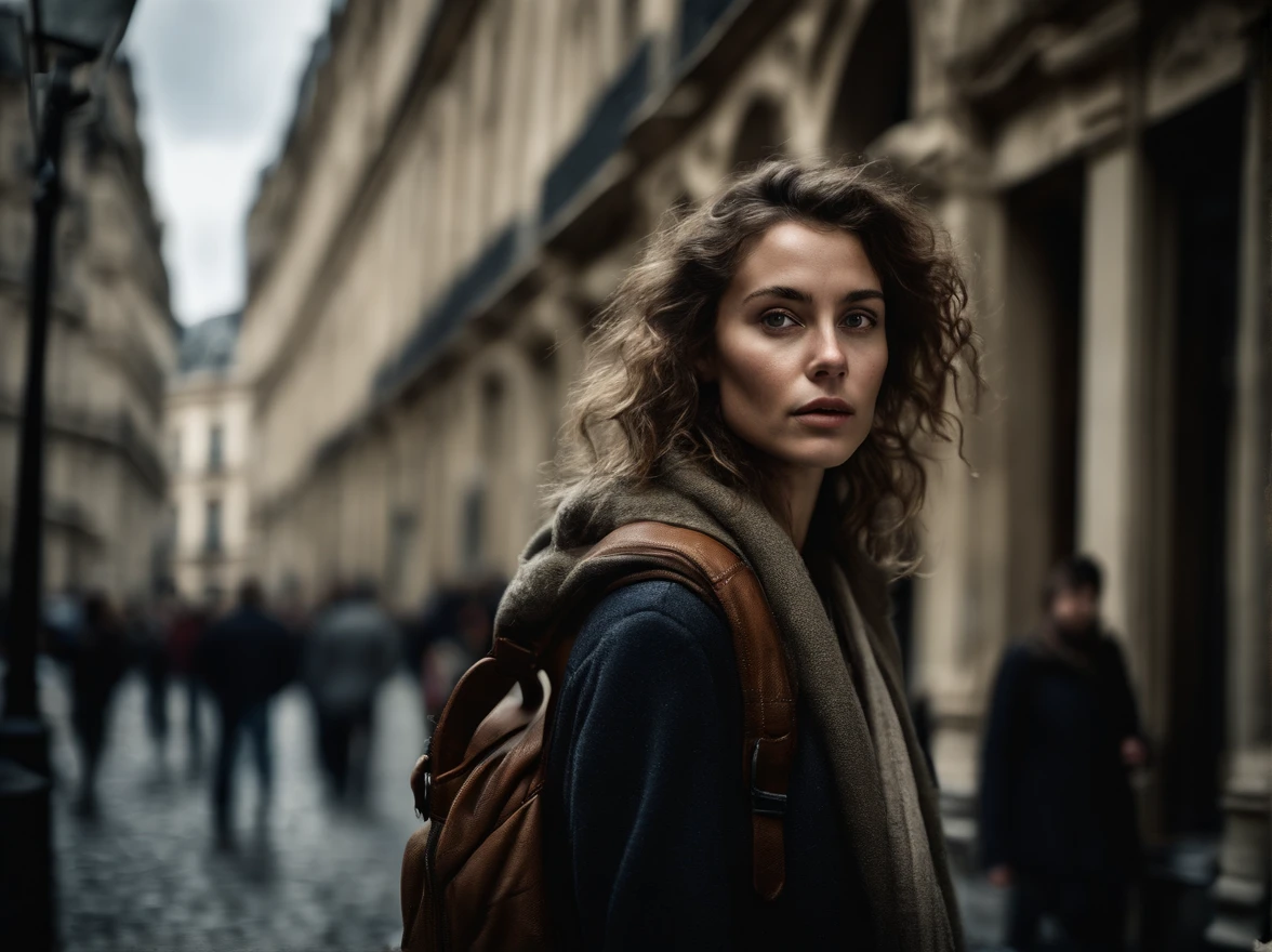 analog style, model photography style, RAW portrait of a young woman tourist with a backpack walking on th streets of Paris, admiring historic architecture, best quality, epic (by photo by Lee Jeffries, sony a7, 50 mm , pores: 1.5, colors, hyperdetailed: 1.5, film grain: 1.4, hyperrealistic: 1.5), hyperrealistic texture, masterpiece, unreal engine 5, extremely detailed CG unit 4k wallpaper, realistic eyes, insanely detailed photo, no shadows, (Winner of Pulitzer Prize for Photography and Taylor Wessing Photographic Prize)