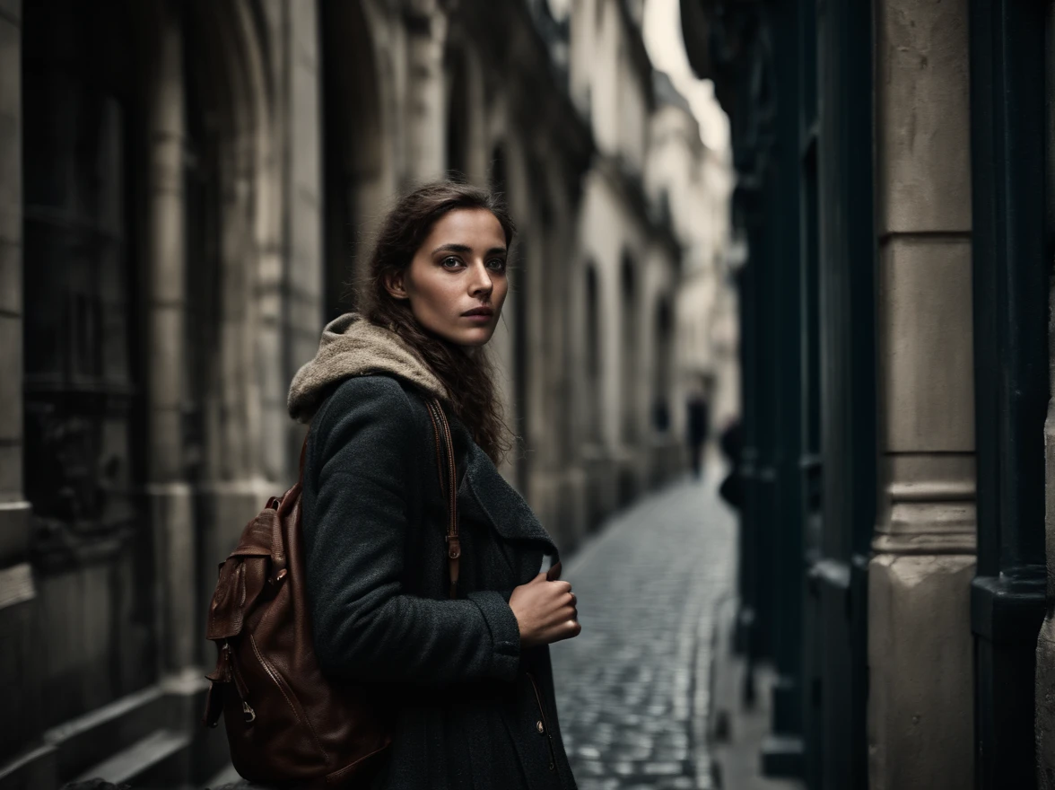 analog style, model photography style, RAW portrait of a young woman tourist with a backpack walking on th streets of Paris, admiring historic architecture, best quality, epic (by photo by Lee Jeffries, sony a7, 50 mm , pores: 1.5, colors, hyperdetailed: 1.5, film grain: 1.4, hyperrealistic: 1.5), hyperrealistic texture, masterpiece, unreal engine 5, extremely detailed CG unit 4k wallpaper, realistic eyes, insanely detailed photo, no shadows, (Winner of Pulitzer Prize for Photography and Taylor Wessing Photographic Prize)