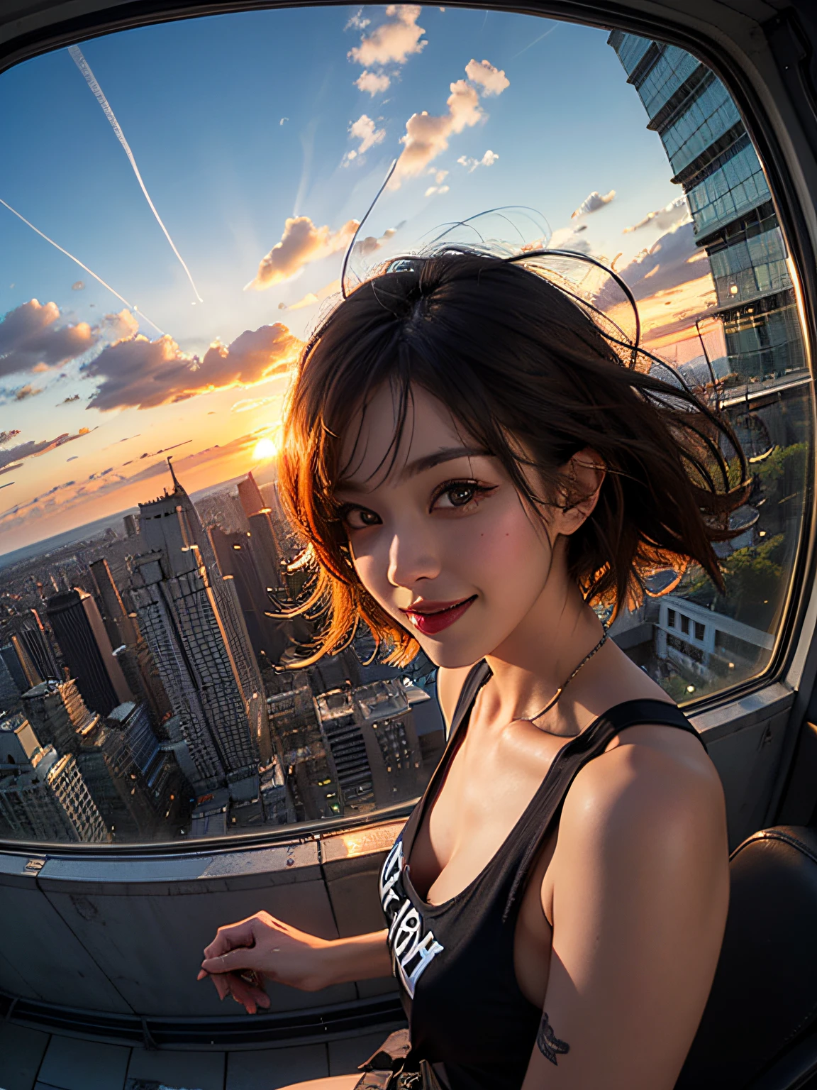 1 Punk girl, fish eye, self-shot, Wind, Messy hair, Sunset, Cityscape, (Aesthetics and atmosphere:1.2),Smiling