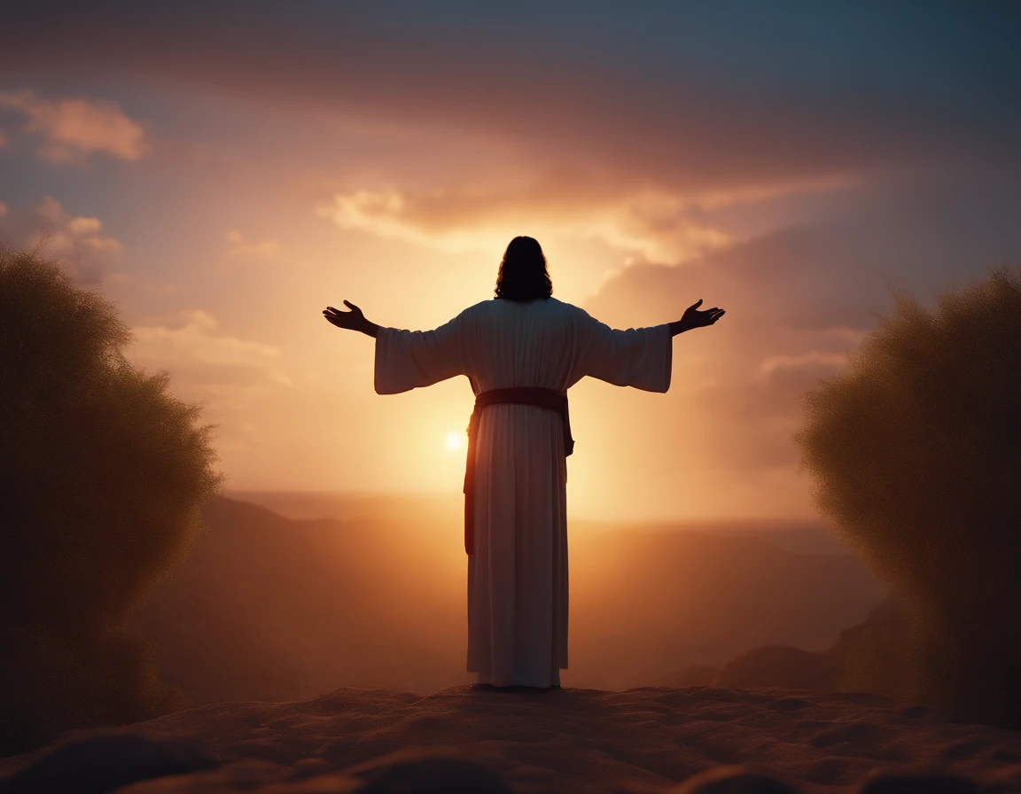 de um nascer do sol deslumbrante, With vibrant colors filling the sky with image of Jesus of Nazareth , realista , altamente detalhado , pintura digital profissional , artstation , arte conceitual , motor irreal 5 , fotorrealismo , qualidade hd , 8K分辨率 , cinema 4d , 3d , lindo , cinemactic