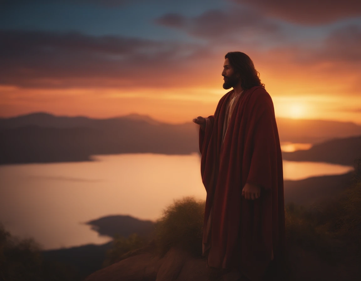 de um nascer do sol deslumbrante, With vibrant colors filling the sky with image of Jesus of Nazareth , realista , altamente detalhado , pintura digital profissional , artstation , arte conceitual , motor irreal 5 , fotorrealismo , qualidade hd , 8K分辨率 , cinema 4d , 3d , lindo , cinemactic