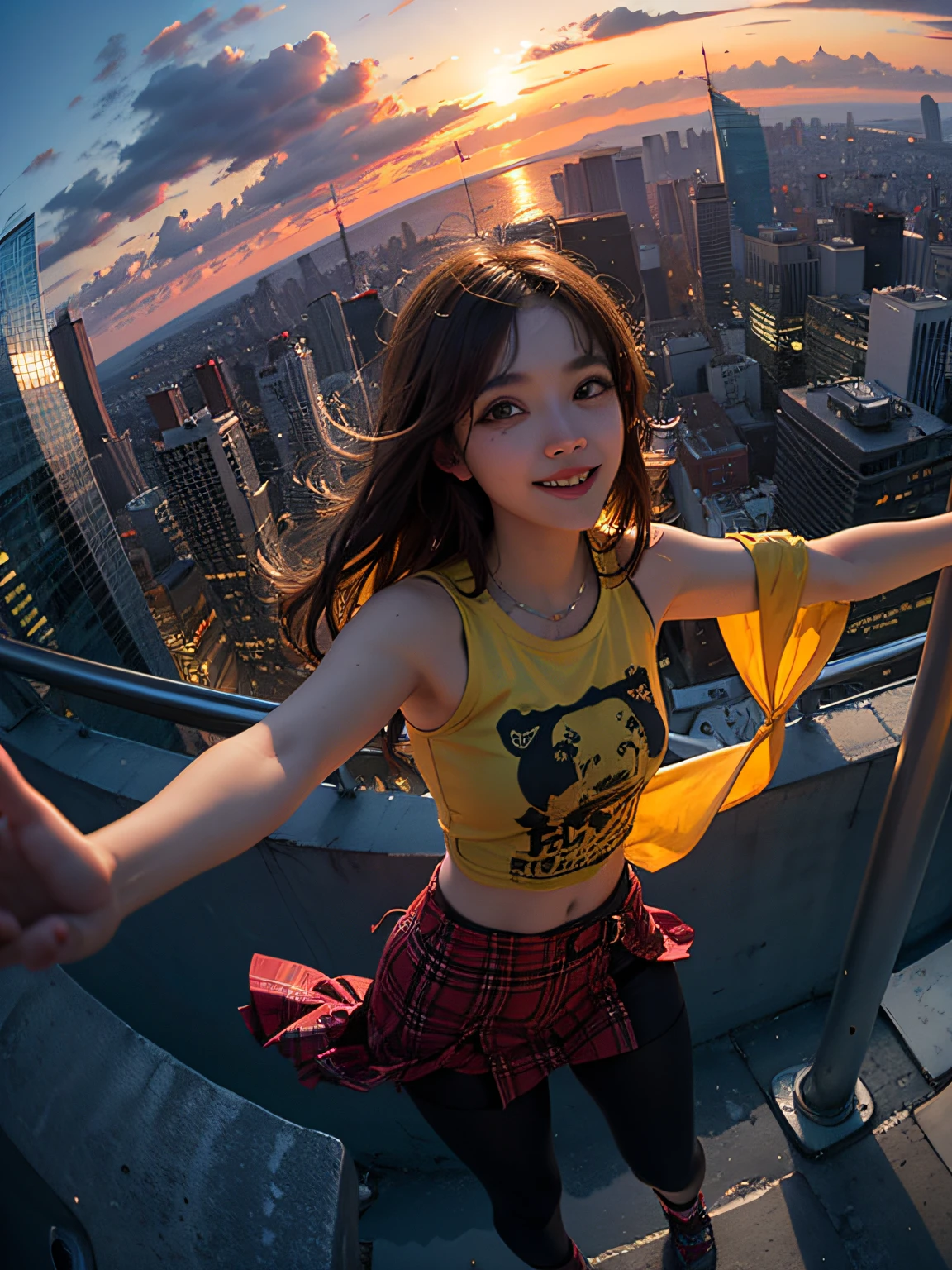 1 Punk girl, fish eye, self-shot, Wind, Messy hair, Sunset, Cityscape, (Aesthetics and atmosphere:1.2),Smiling