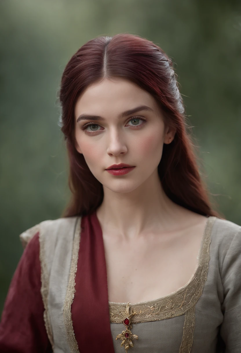 (((A deep red wound streaked across her left cheek))) Fair complexion, A woman around 19 years old, Natural gray hair, Unique green eyes, Wear Cole, Slender and graceful, Beautiful, Candlelight in a medieval setting, super sharp focus, realistic lens, Medieval women's clothing, Four colors (Scar:1.4)