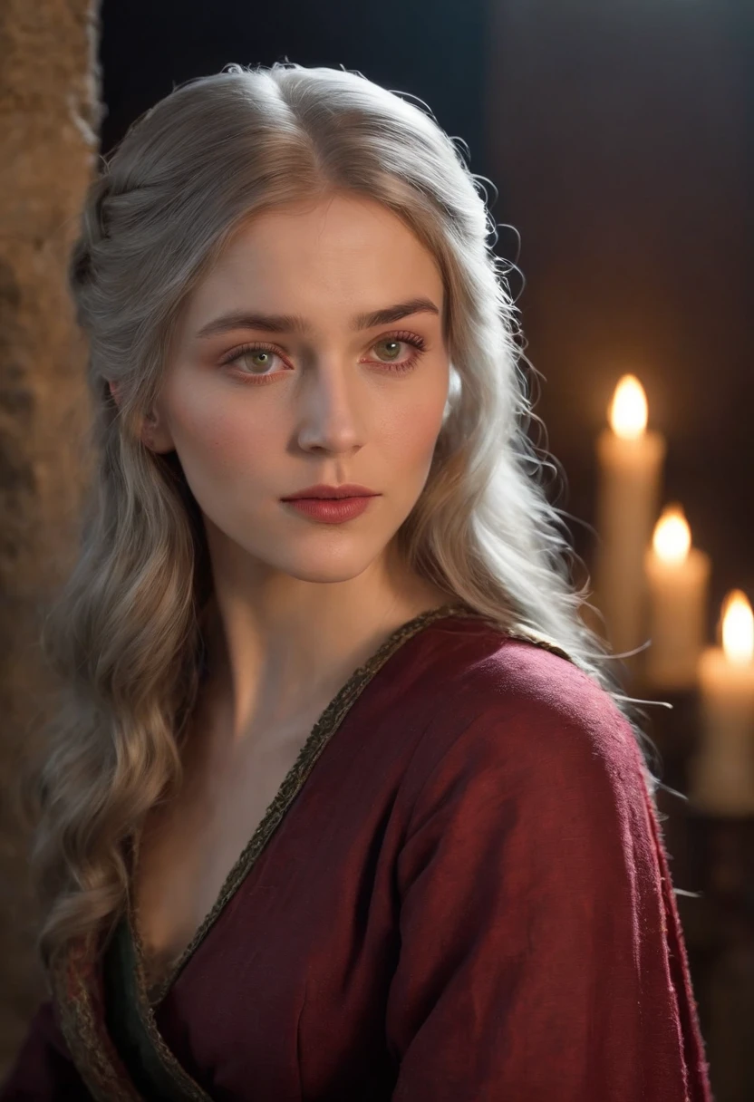 (((A deep red wound streaked across her left cheek))) Fair complexion, A woman around 19 years old, Natural gray hair, Unique green eyes, Wear Cole, Slender and graceful, Beautiful, Candlelight in a medieval setting, super sharp focus, realistic lens, Medieval women's clothing, Four colors (Scar:1.4)