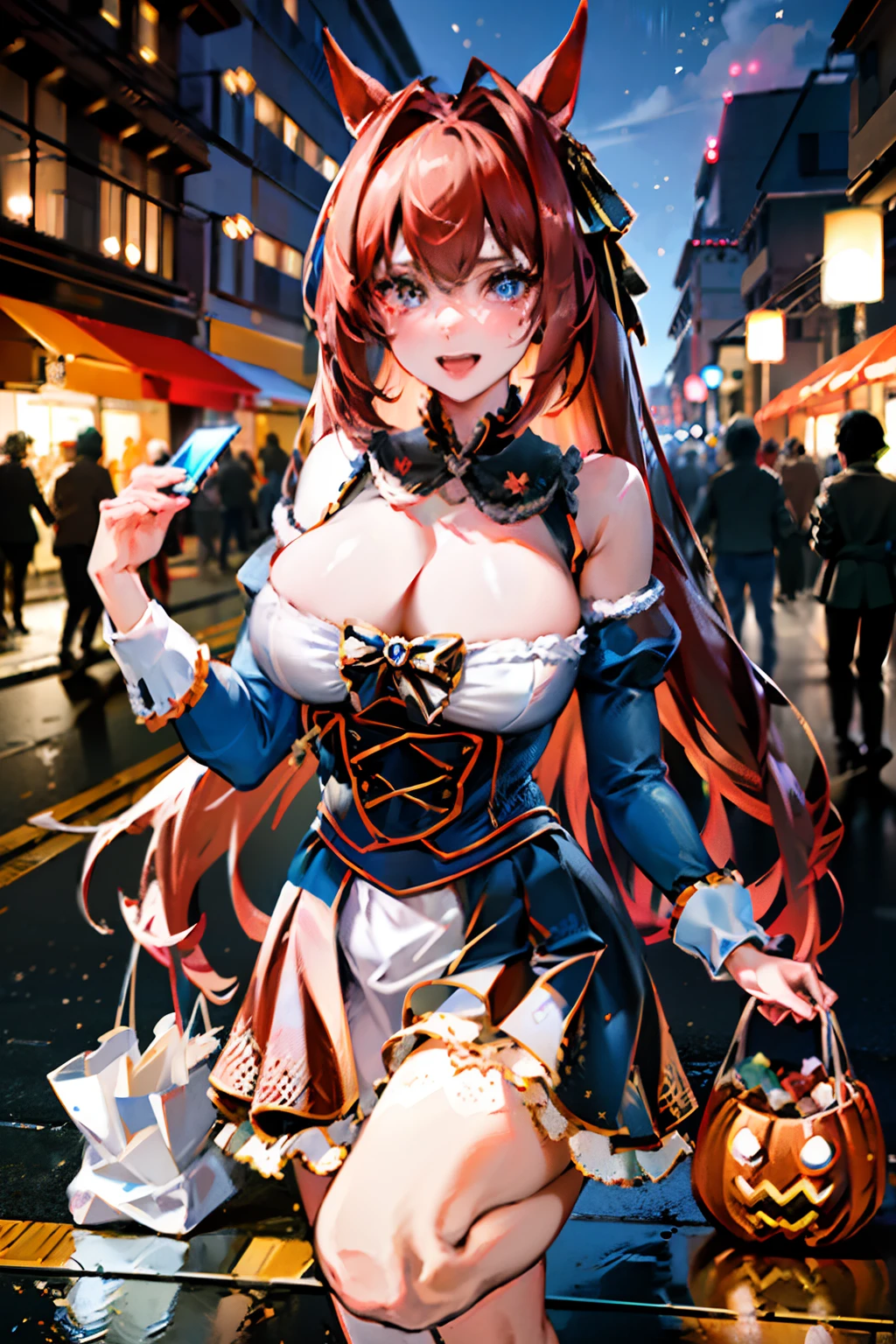 Raw photography, top-quality, ​masterpiece, extremely delicate and beautiful, ighly detailed, nffsw, Unity, 8K Picture Wallpaper, amazingly detail, detaile, ​masterpiece, top-quality, Official art, Highly detailed ticker Unity 8k wallpaper, ultra-detailliert, hight resolution, ighly detailed, Clair, Focus, (top-quality), (realisitic, Photorealsitic:1.5), 8K, Soft lighting, hightquality, lighting like a movie, 1girl in、Daiwa Scarlet、Red-brown hair、Twin-tailed、long、Wait for you、Smile big、up of face、red tide、Tears in the eyes、Tears of joy、beautiful smiling face、ultra gigantic tits、Tense udder、autumnal、Bustling street、Halloween、Halloween Party、Halloween Cosplay