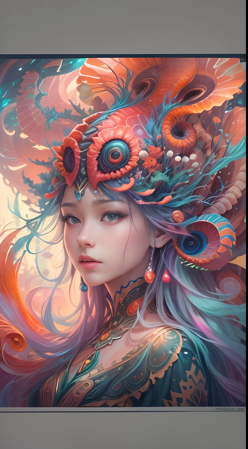 best qualtiy，tmasterpiece，超高分辨率，（photograph realistic：1.4），ultra-realistic realism，Dream-like，The beautiful blue-skinned goddess wears a phoenix peacock on her head, Nautilus, a betta fish，The creation of fantasy，Brain conch，Dream Conch，Biopunk Nautilus，Thrilling color scheme， ultra-realistic realism， abstracted， psychedelia,