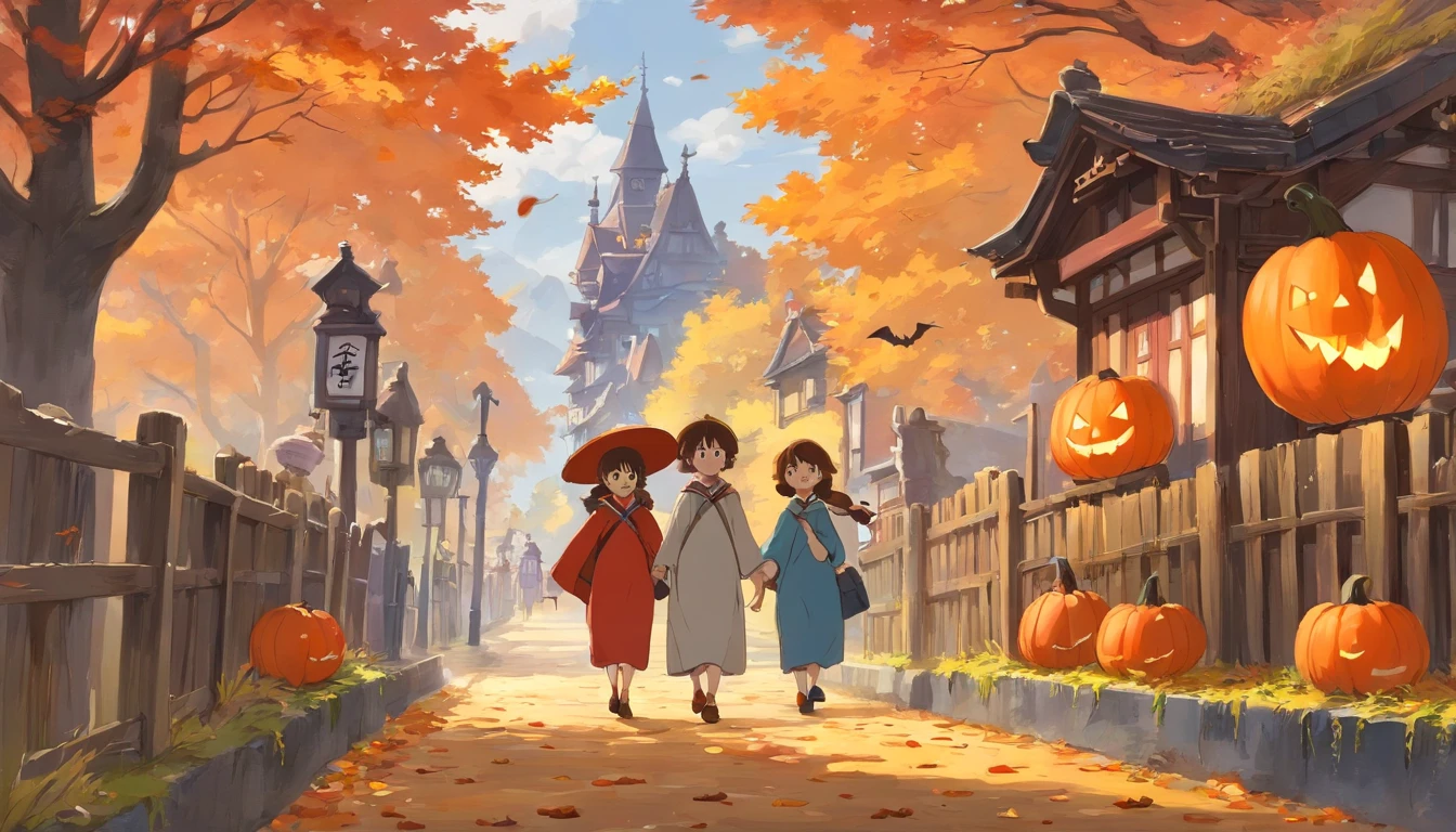 Painting Design Vintage Halloween Art, Espeluznante, Neutral rustic style, on an autumnal grey morning, con personajes fantasmas asustando por la calle.