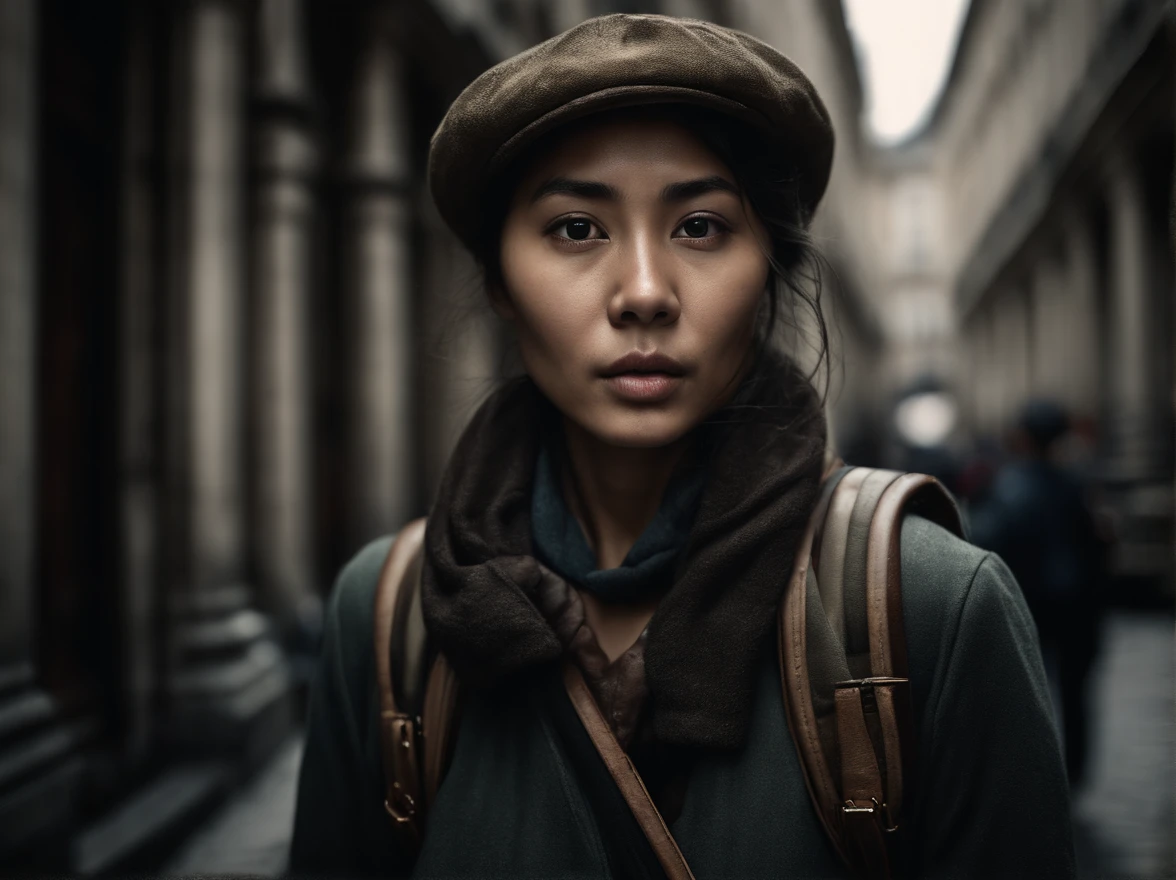 analog style, model photography style, RAW portrait of a young asian woman tourist with a backpack walking on th streets of Paris, admiring historic architecture, best quality, epic (by photo by Lee Jeffries, sony a7, 50 mm , pores: 1.5, colors, hyperdetailed: 1.5, film grain: 1.4, hyperrealistic: 1.5), hyperrealistic texture, masterpiece, unreal engine 5, extremely detailed CG unit 4k wallpaper, realistic eyes, insanely detailed photo, no shadows, (Winner of Pulitzer Prize for Photography and Taylor Wessing Photographic Prize)