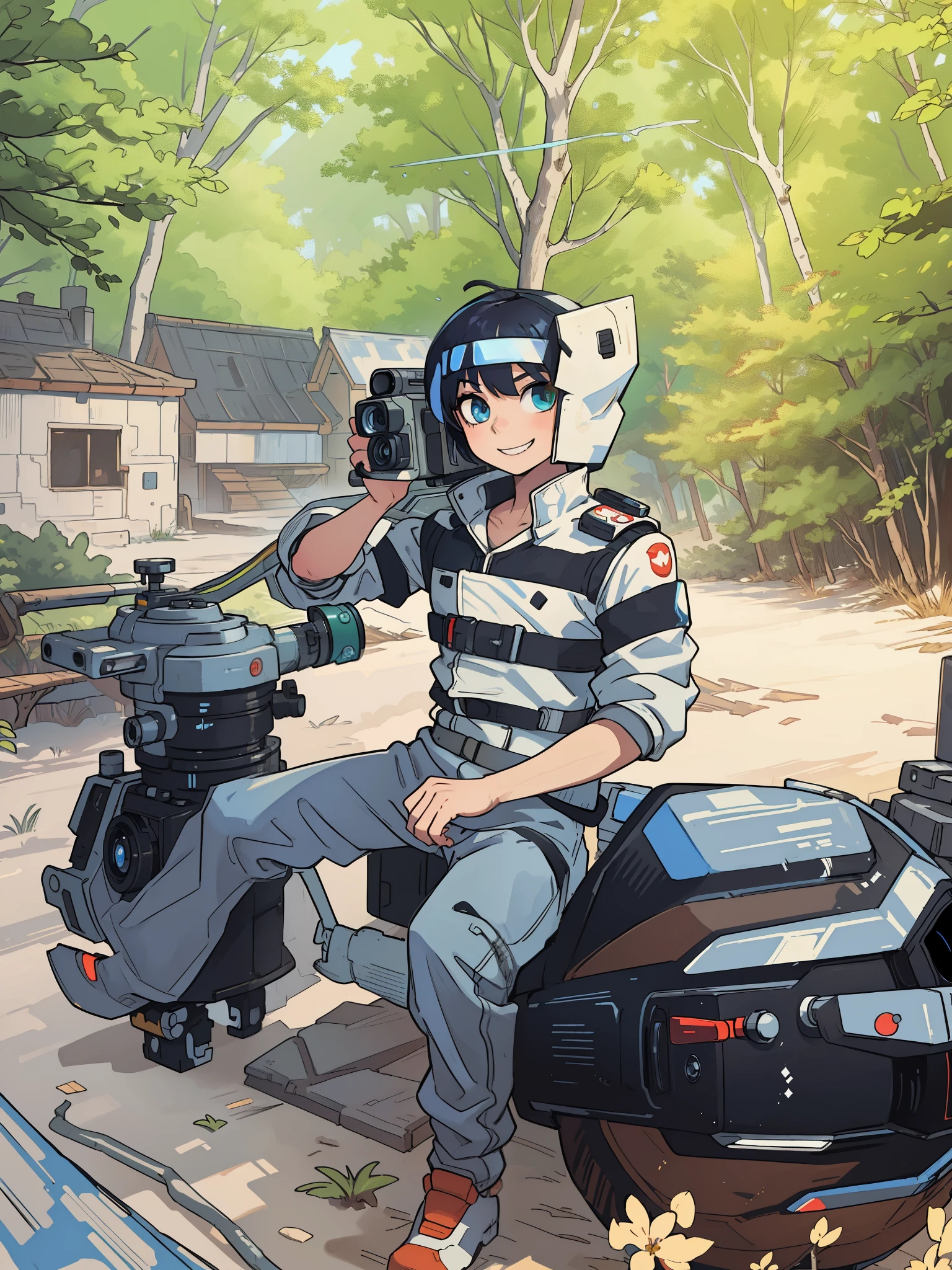 Change background cyberpunk.A smile boy, eyes realistic, is almost , (Hee is a hand to cannon camera, realistic face, standing on the forest .