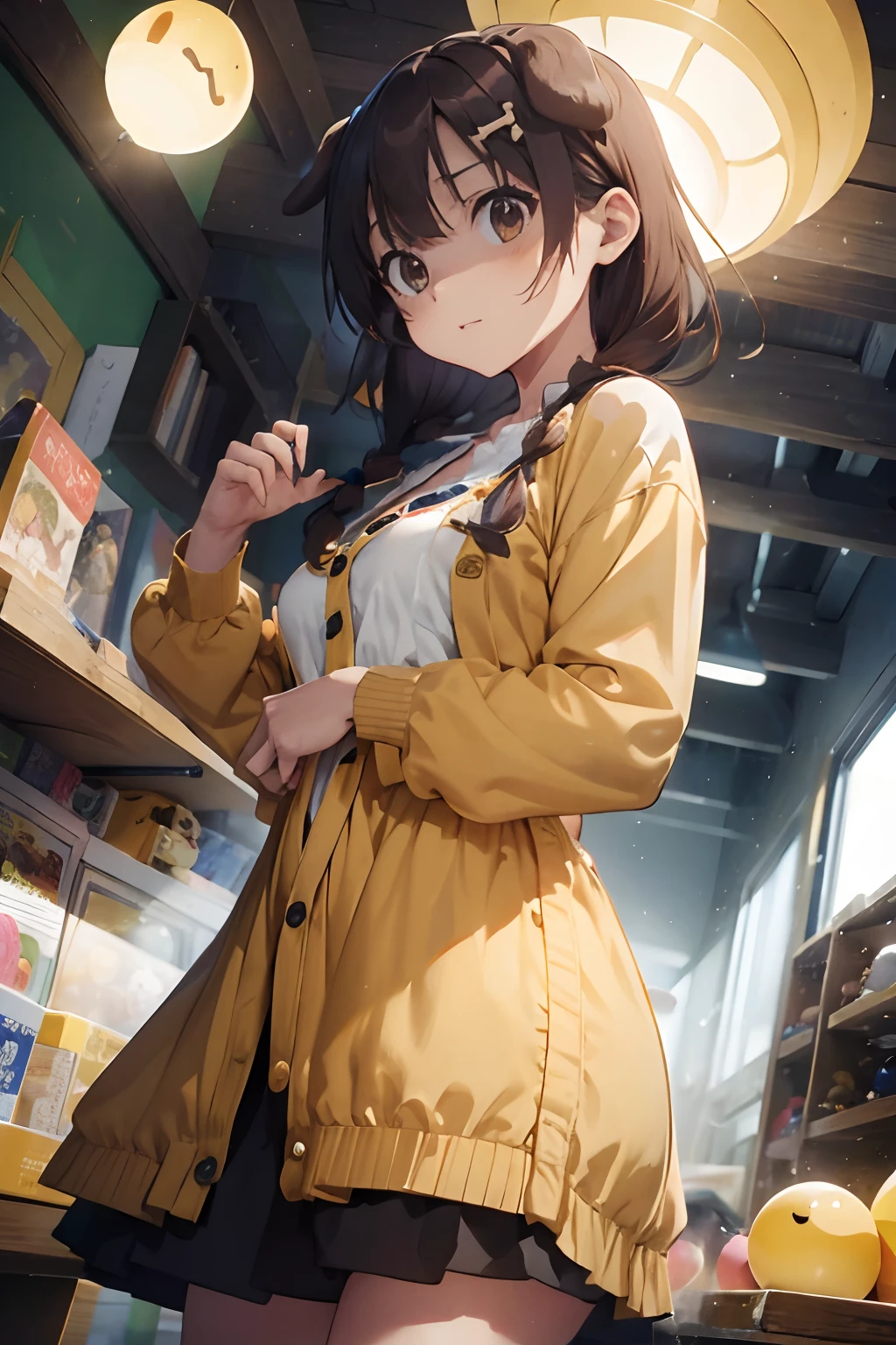 masterpiece, best quality, highres, ik4, floppy puppy ears, yellow cardigan, cute apron, hairclip, standing, cowboy shot, mature body, medium breasts ((((small orb above head)))),