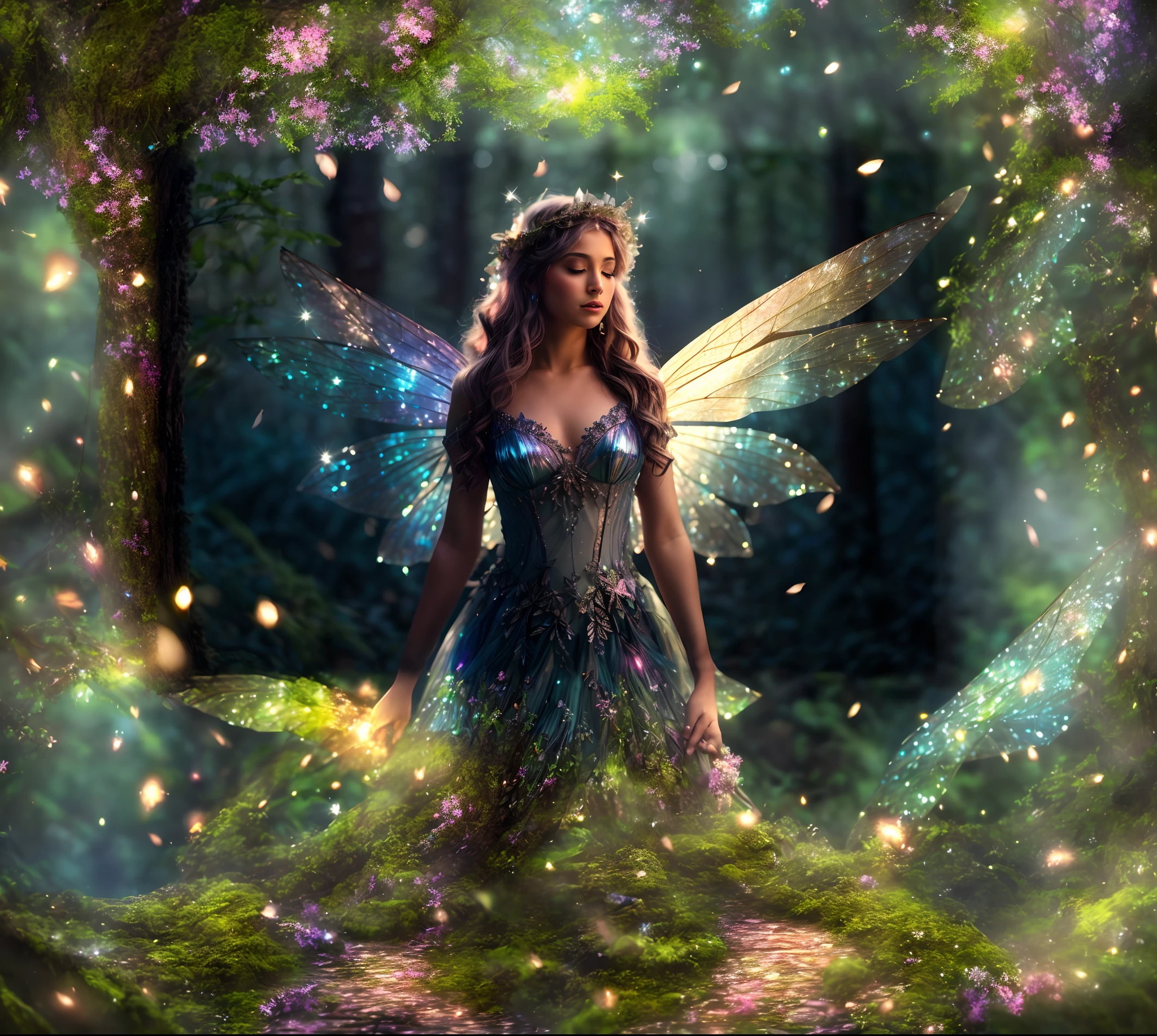 (best quality, 4k, highres, masterpiece:1.2),ultra-detailed, realistic, vibrant colors, enchanting lighting, ethereal atmosphere, magical, mysterious, whimsical, enchanting, dreamlike, otherworldly, delicate creatures, shimmering wings, delicate flowers, sparkling light, dappled sunlight, soft breeze, lush greenery, ancient trees, flowing streams, mythical creatures, moss-covered stones, hidden pathways, secret nooks, dancing fireflies, peaceful serenity, tranquility, captivating beauty, enchanting spirits, ethereal music