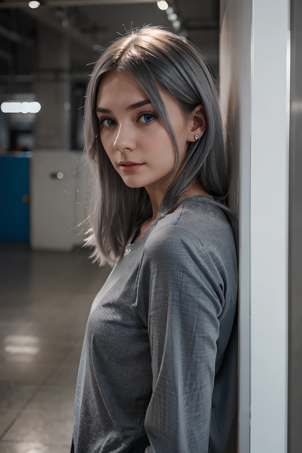 young woman with grey hair and dark blue eyes, small nose, standing in front of a basic background