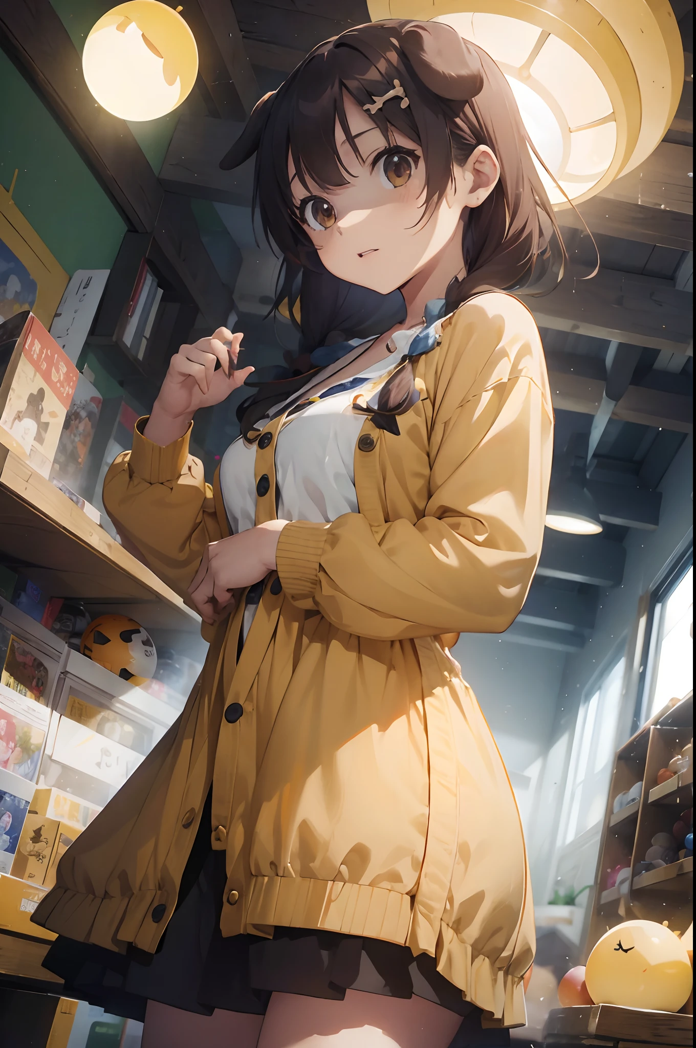 masterpiece, best quality, highres, ik4, floppy puppy ears, yellow cardigan, cute apron, hairclip, standing, cowboy shot, mature body, medium breasts ((((small orb above head)))),