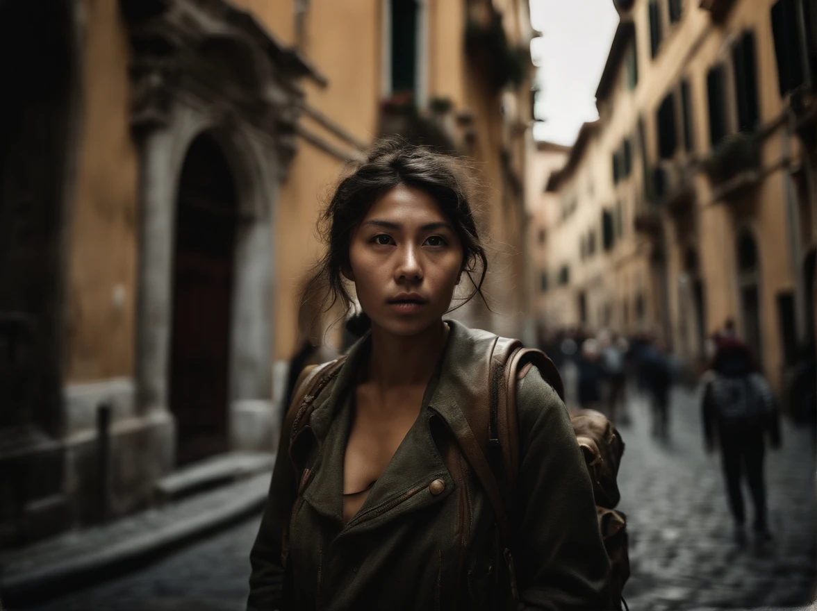 analog style, model photography style, RAW portrait of a young asian woman tourist with a backpack walking on th streets of Rome, admiring historic architecture, best quality, epic (by photo by Lee Jeffries, sony a7, 50 mm , pores: 1.5, colors, hyperdetailed: 1.5, film grain: 1.4, hyperrealistic: 1.5), hyperrealistic texture, masterpiece, unreal engine 5, extremely detailed CG unit 4k wallpaper, realistic eyes, insanely detailed photo, no shadows, (Winner of Pulitzer Prize for Photography and Taylor Wessing Photographic Prize)