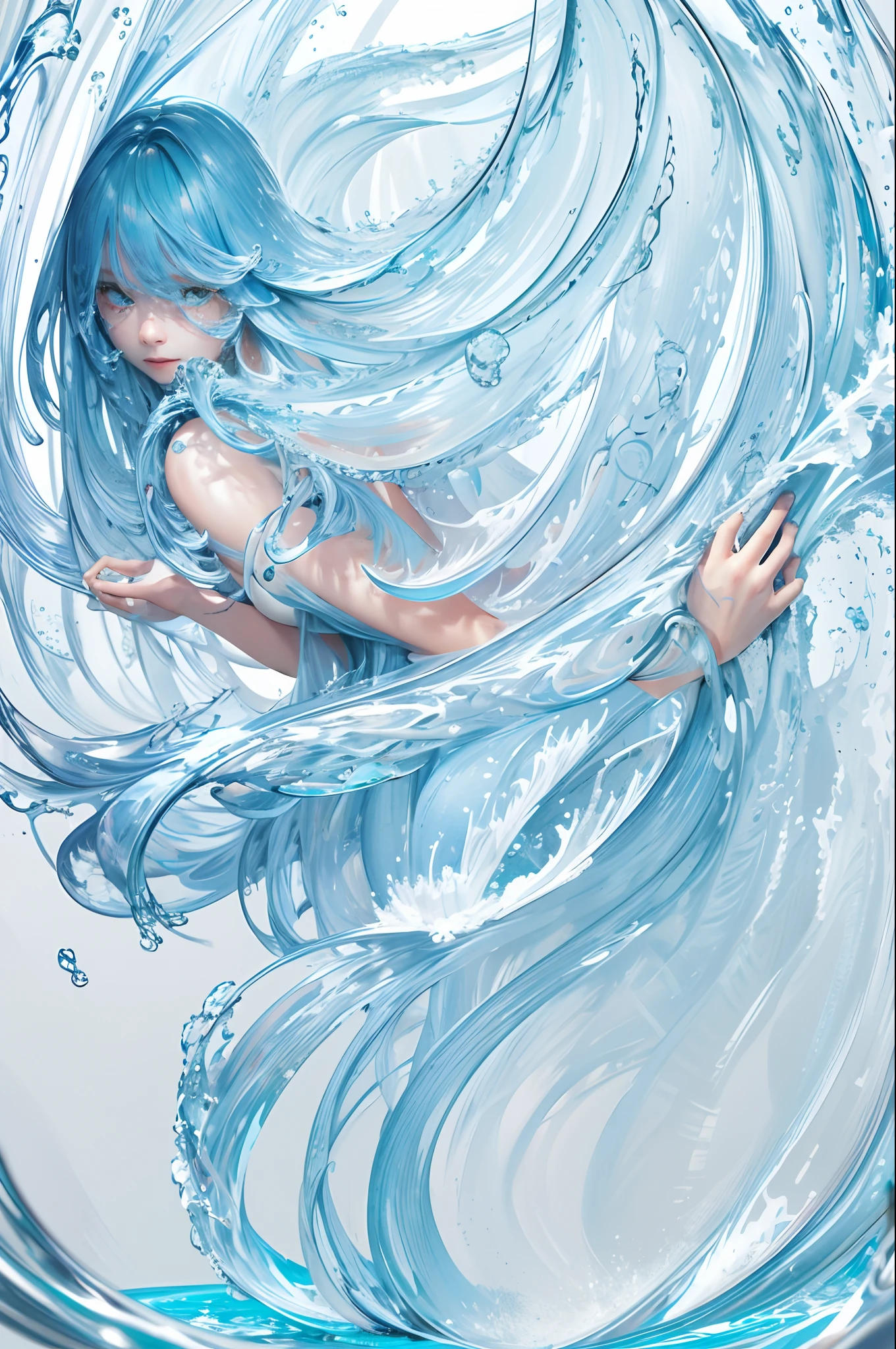 (masterpiece, best quality, high quality, highres, ultra-detailed), 1girl,solo,light_blue_hair,liquid hair, long hair,floating hair, full body, standing,sundress, liquid clothes,water dress,  best quality, 8k, detailed skin texture,  beautiful detailed face, intricate details, ultra detailed,dancing,   skirt_tail,