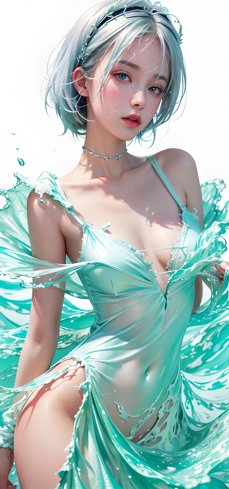 (Masterpiece, Best quality:1.2), 8K, 85mm, RAW photo, absurderes, White and cyan theme, (liquid clothes, Liquid dress:1.4), White hair, gradient dress, Delicate girl, Upper body, close-up face, Shiny skin, Married Woman, view the viewer, hdr, Sharp focus, Particle, twilight sky, Detailed eyes and face, White hair, Simple background,nakeness,extremely large bosom,Bare lower body,Bare breasts