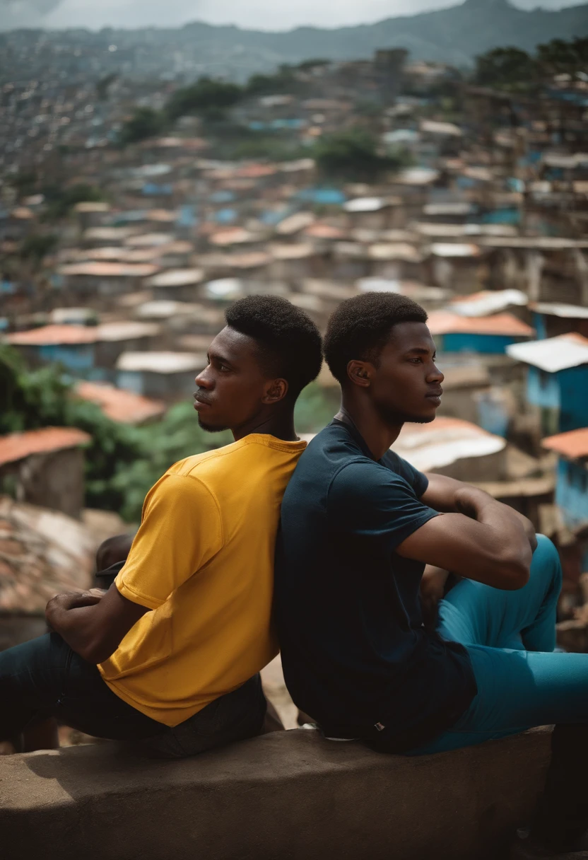 Two young black men sitting back to back at the top of a favela. The idea is that one represents the past of slavery and the other a young man from the current periphery. At the top you could see popular houses and a horizon of vegetation, with the sun in the spotlight.